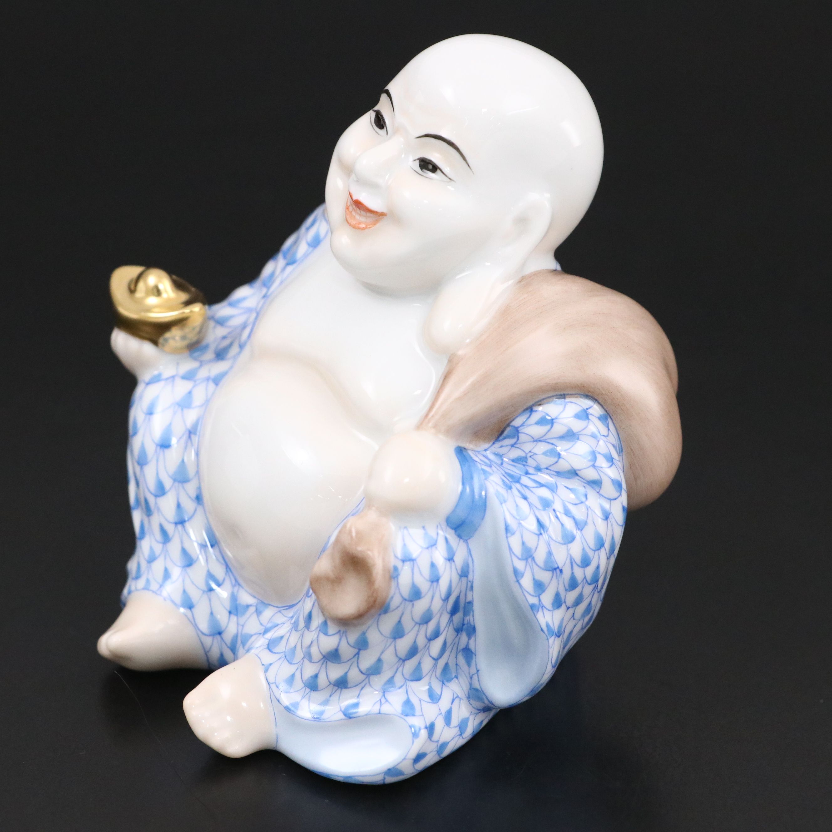 Herend Blue Fishnet with Gold "Laughing Buddha" Porcelain Figurine
