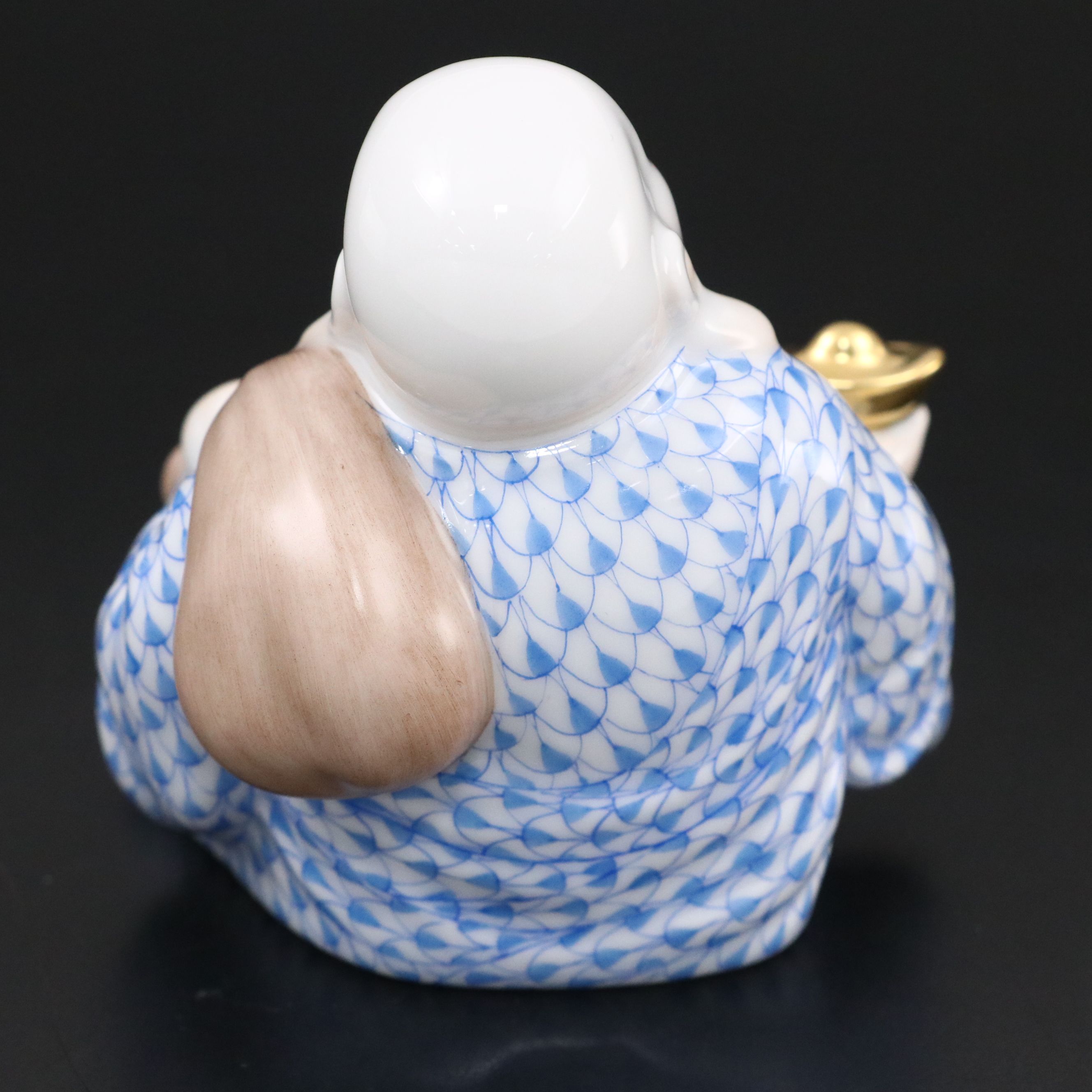 Herend Blue Fishnet with Gold "Laughing Buddha" Porcelain Figurine