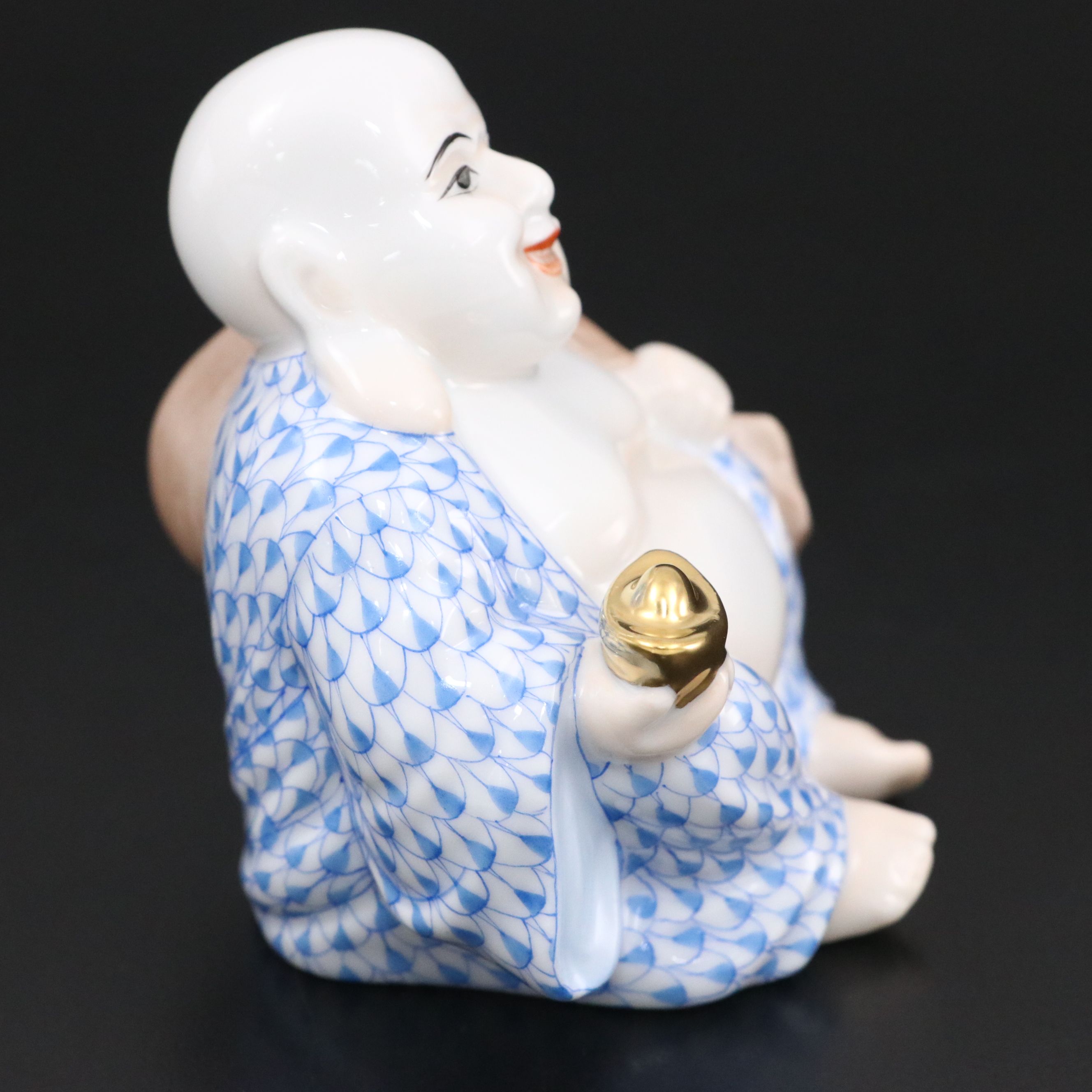 Herend Blue Fishnet with Gold "Laughing Buddha" Porcelain Figurine