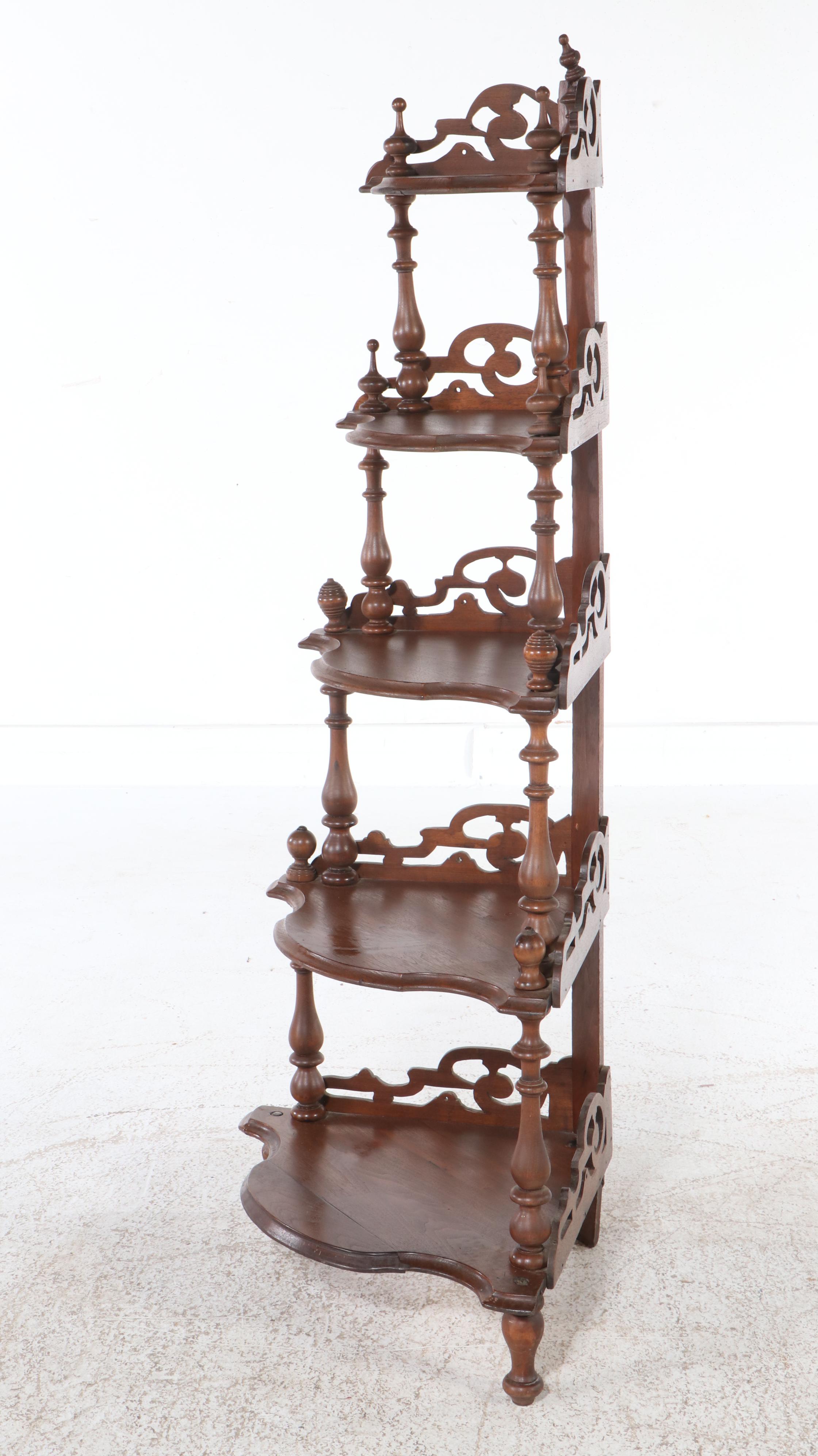 Victorian Style Walnut Finish Corner Whatnot Shelf, 20th Century