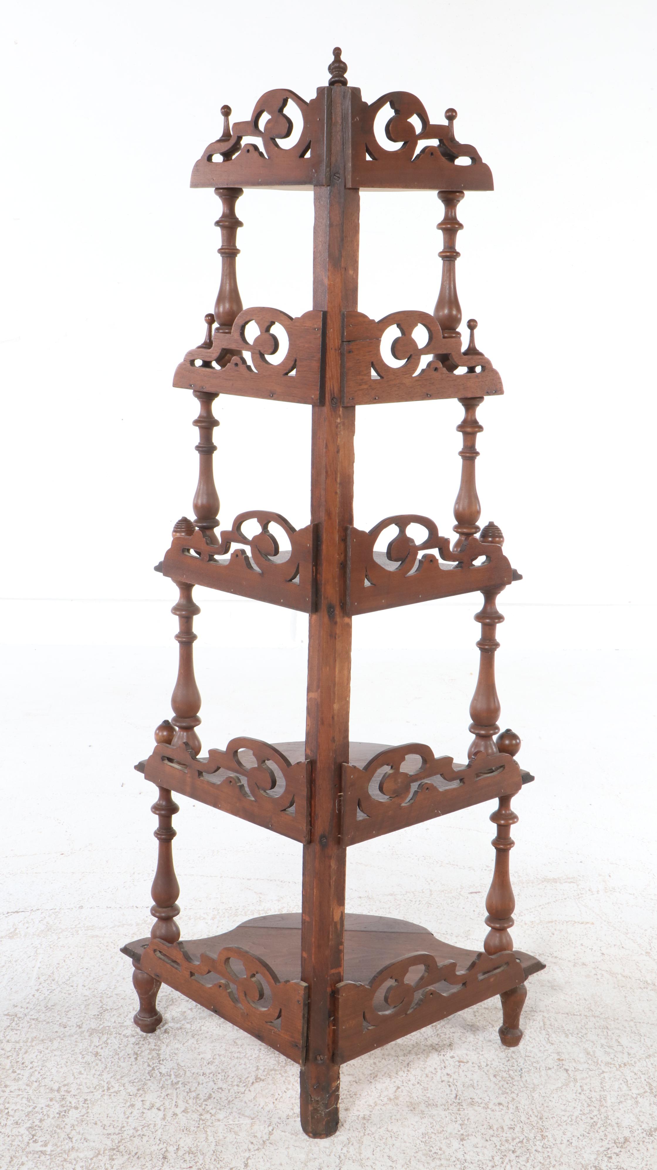 Victorian Style Walnut Finish Corner Whatnot Shelf, 20th Century