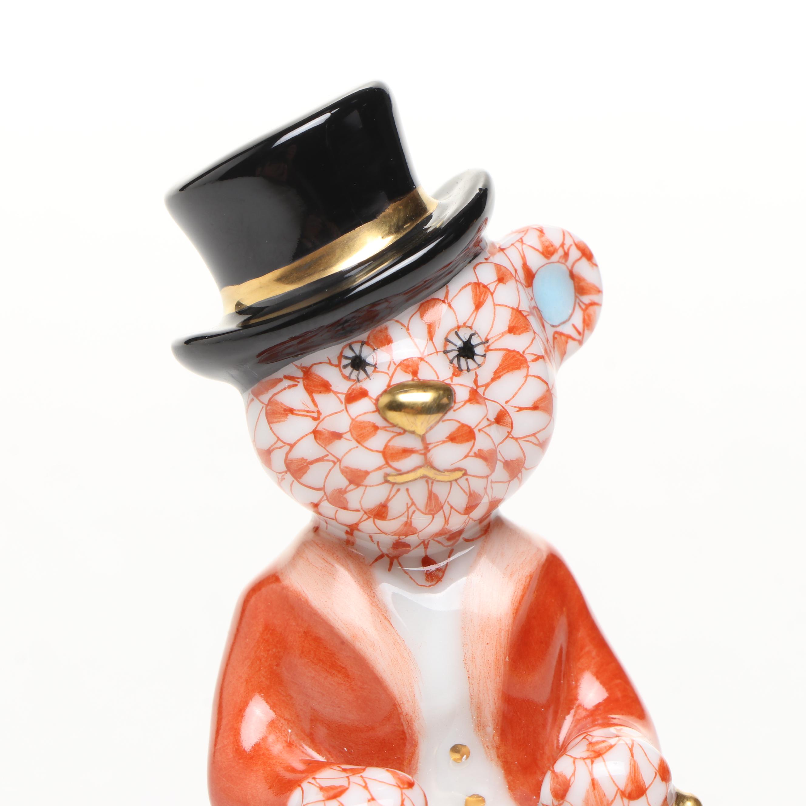 Herend Rust Fishnet with Gold "Tap Dance Bear" Porcelain Figurine