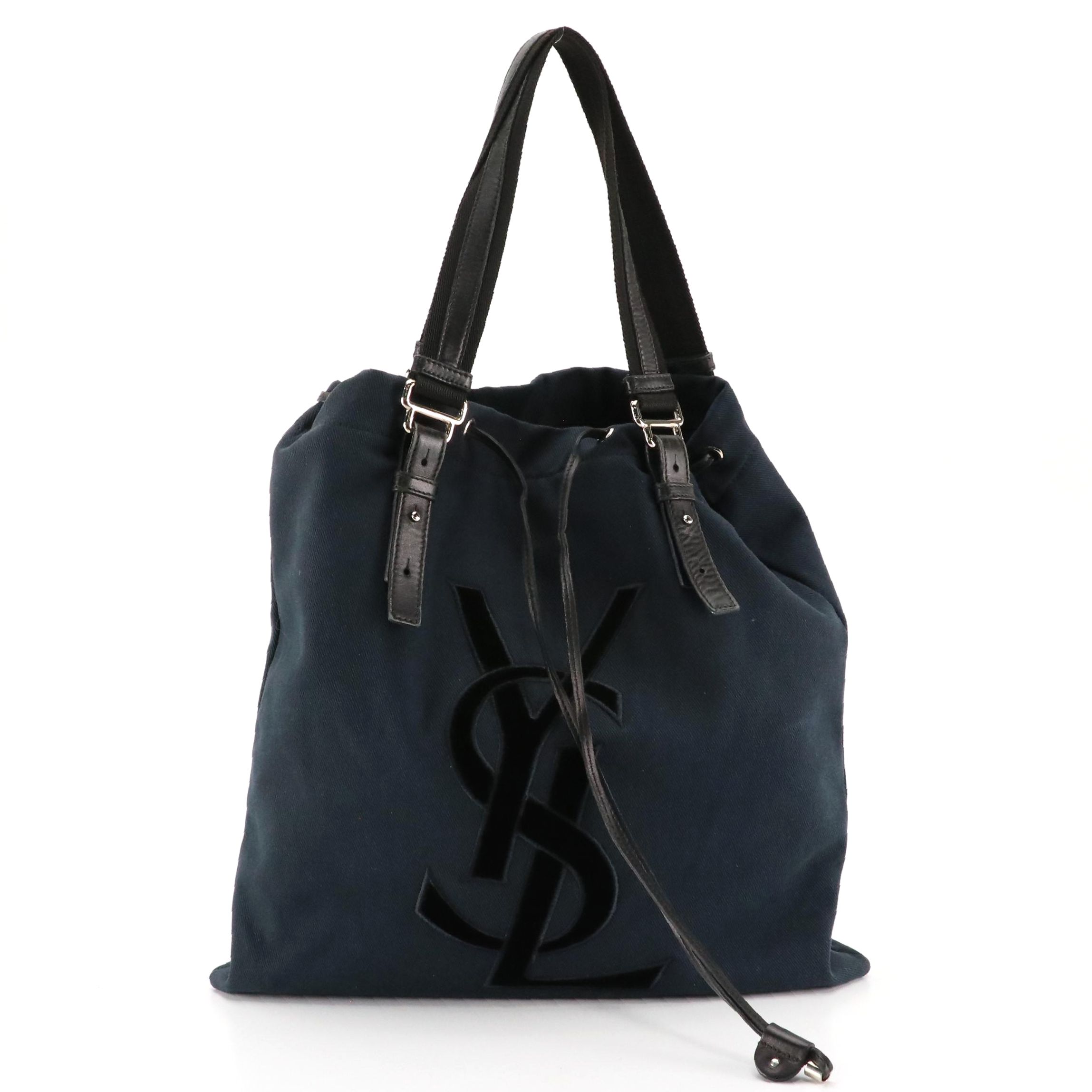 Yves Saint Laurent Kahala Velvet YSL Tote Bag in Dark Canvas and Leather Trim