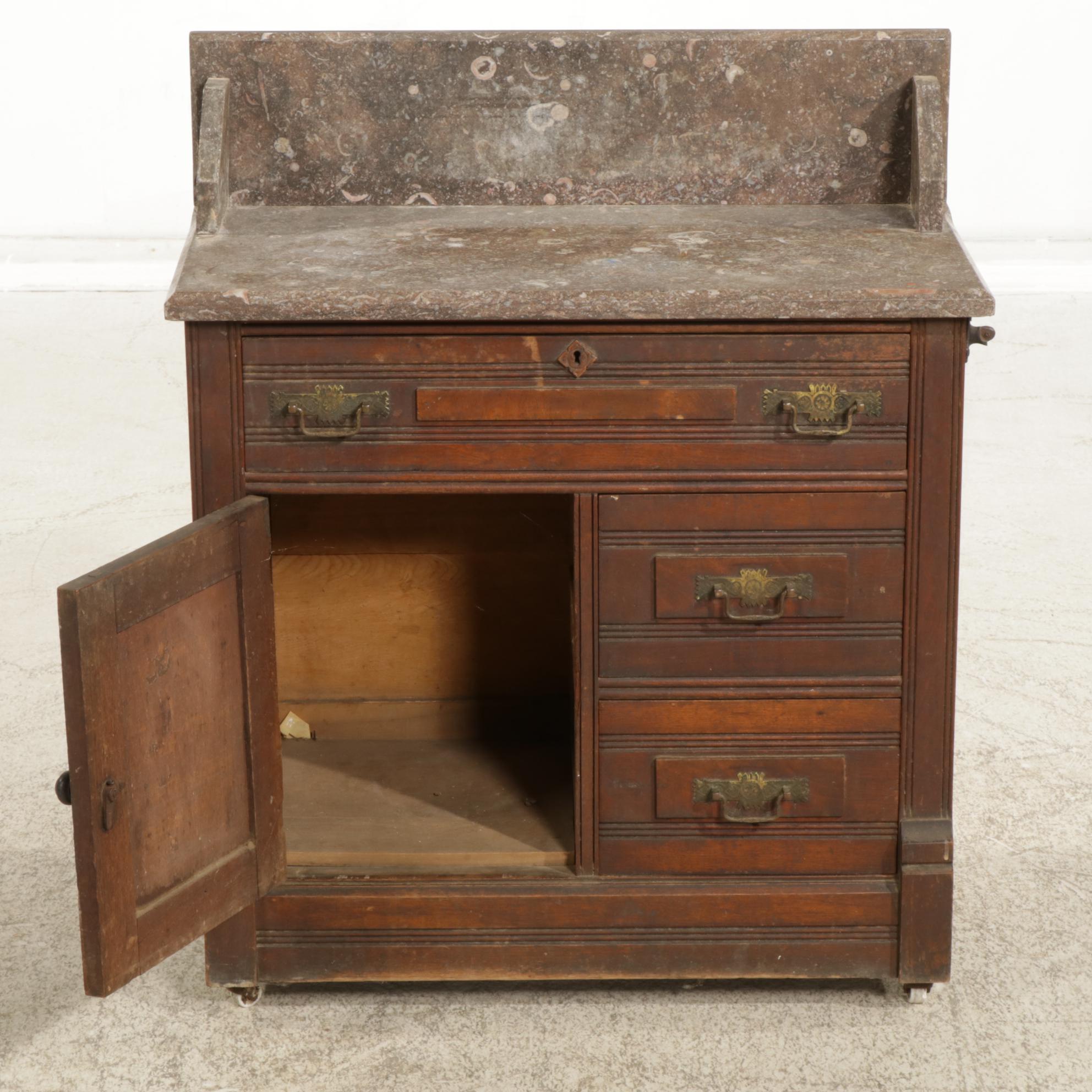 American Aesthetic Walnut Washstand with Marble Top