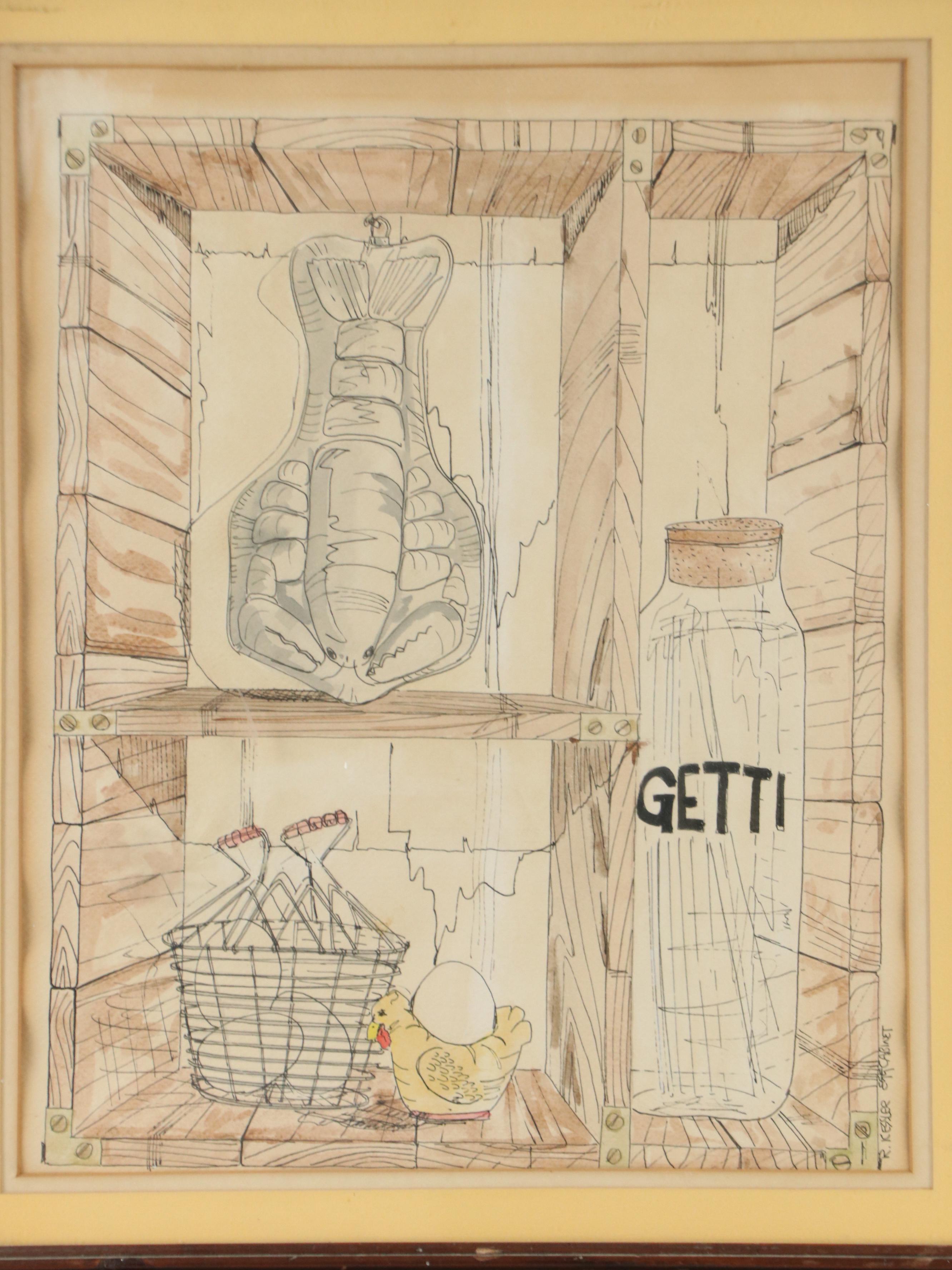 R. Kessler Pen and Ink With Watercolor Drawing "Egg Cabinet"
