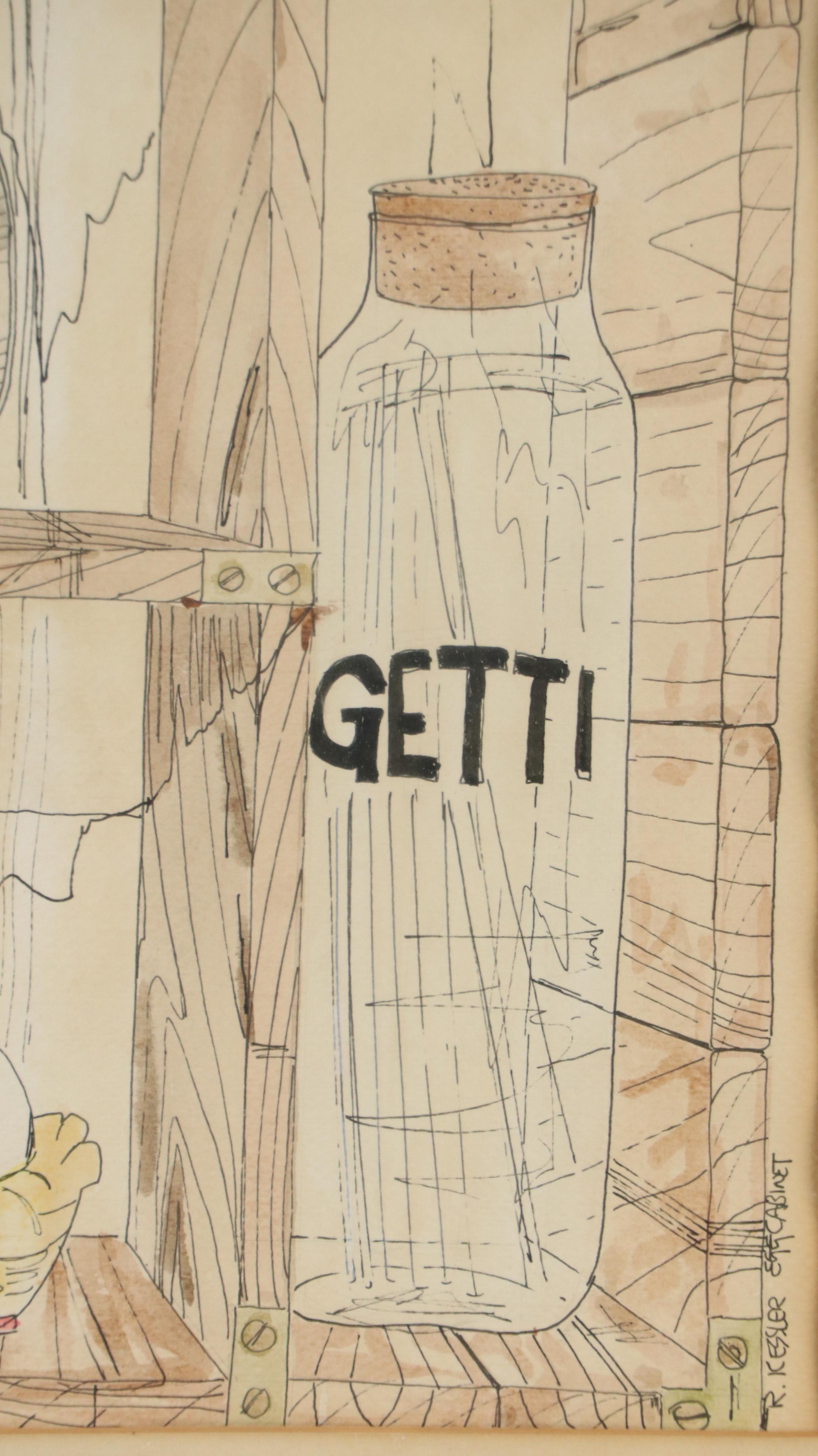 R. Kessler Pen and Ink With Watercolor Drawing "Egg Cabinet"