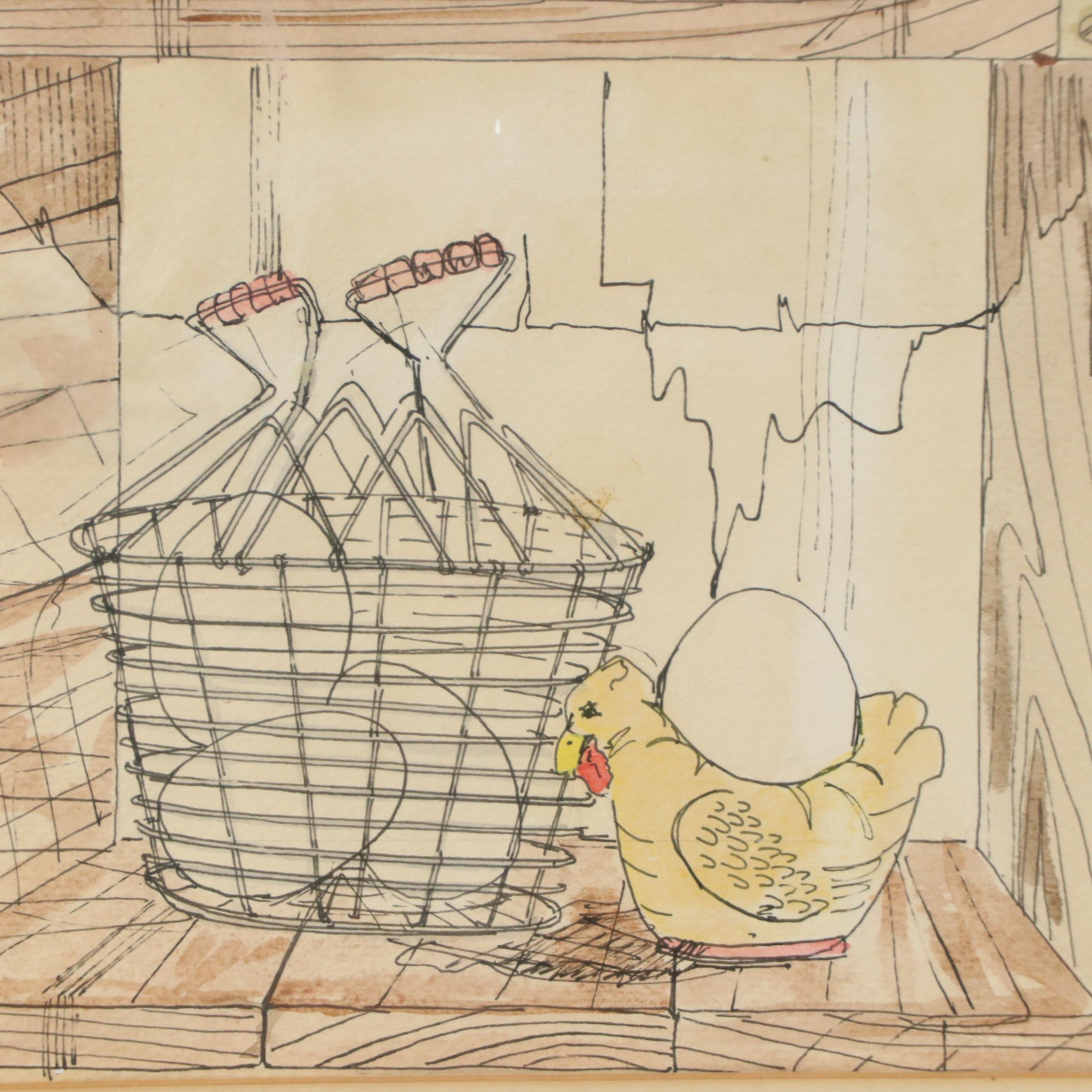 R. Kessler Pen and Ink With Watercolor Drawing "Egg Cabinet"