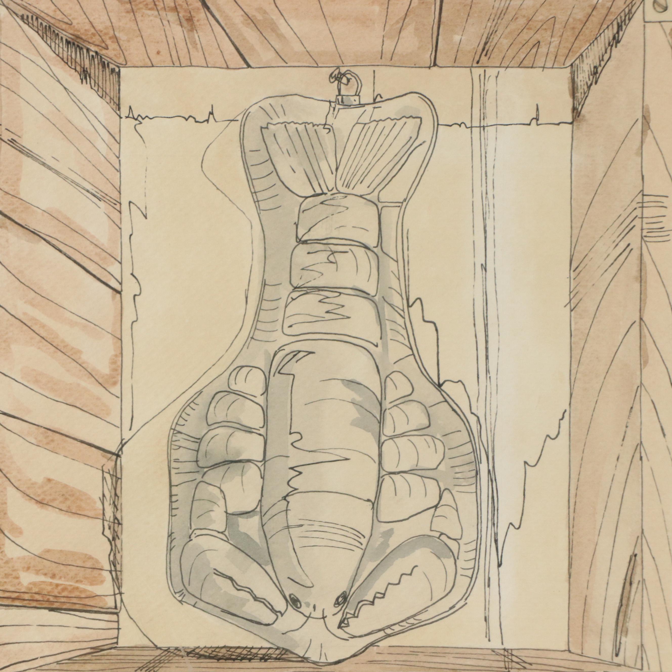 R. Kessler Pen and Ink With Watercolor Drawing "Egg Cabinet"