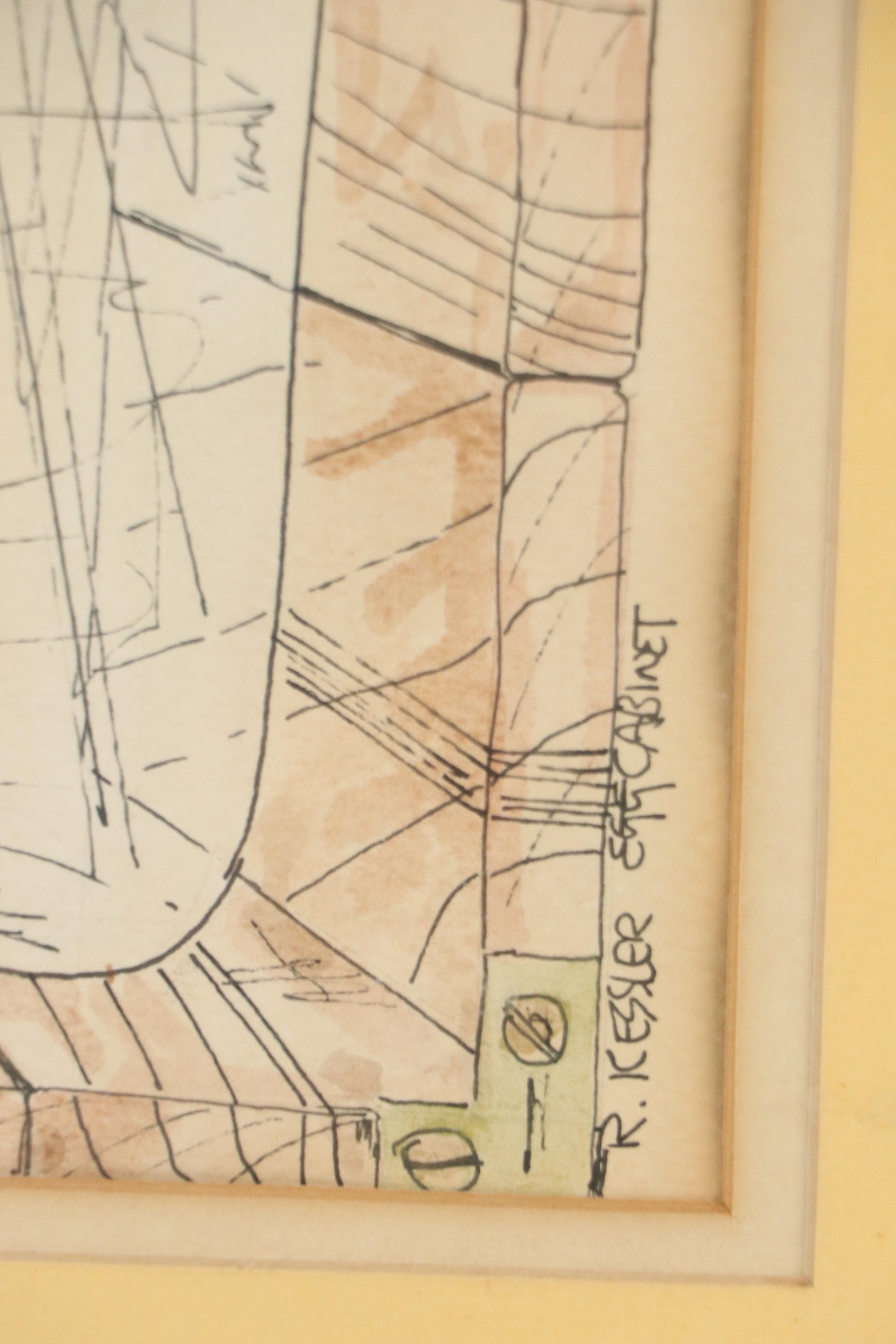 R. Kessler Pen and Ink With Watercolor Drawing "Egg Cabinet"