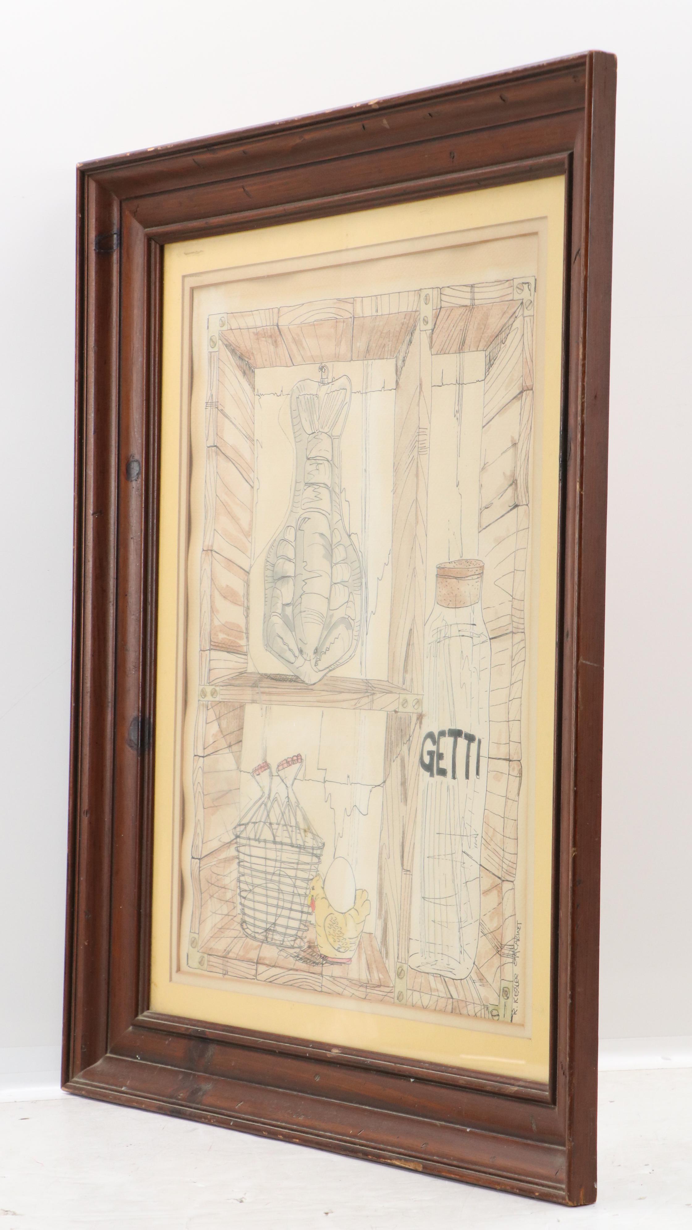 R. Kessler Pen and Ink With Watercolor Drawing "Egg Cabinet"