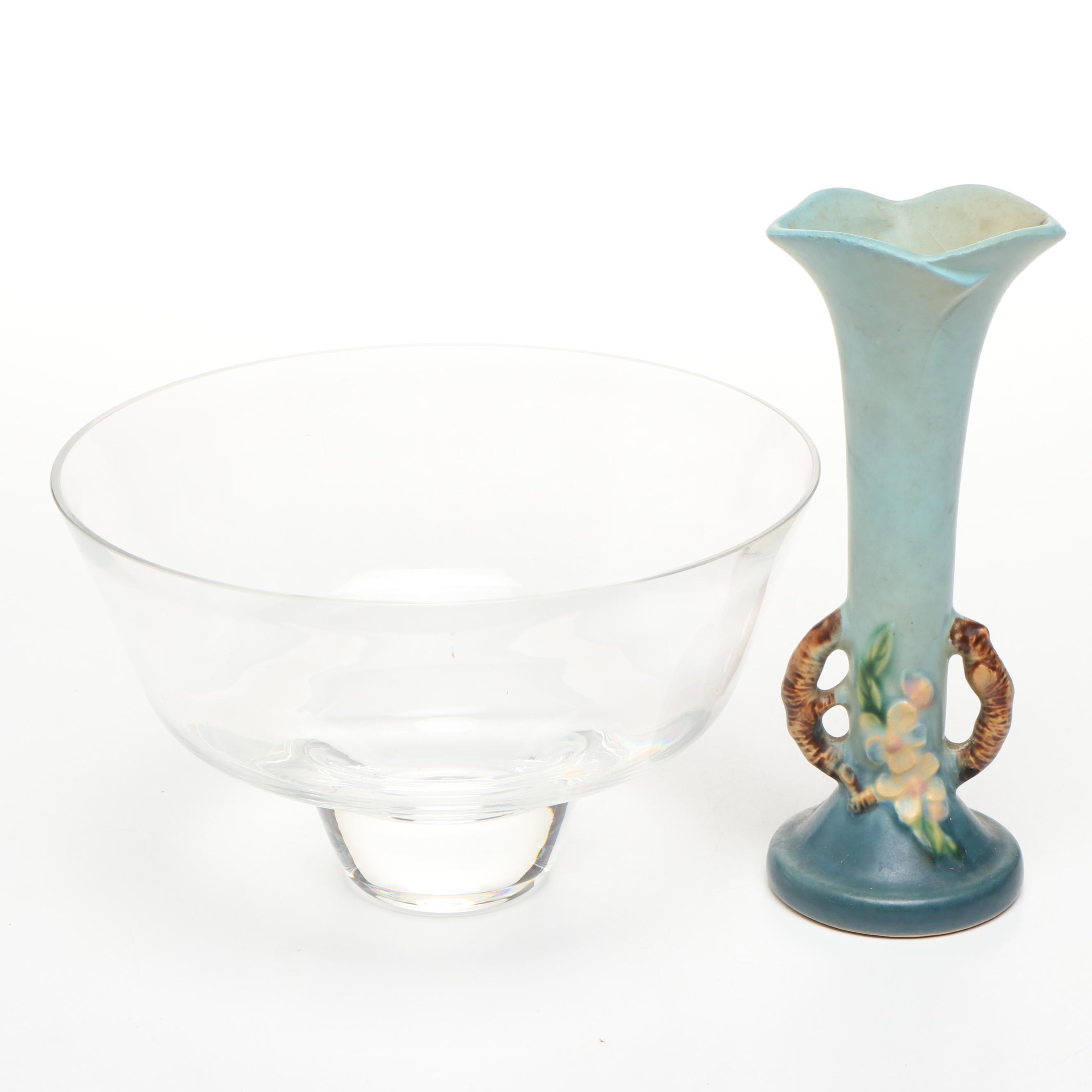 Roseville "Apple Blossom" Ceramic Bud Vase with Crystal Bowl