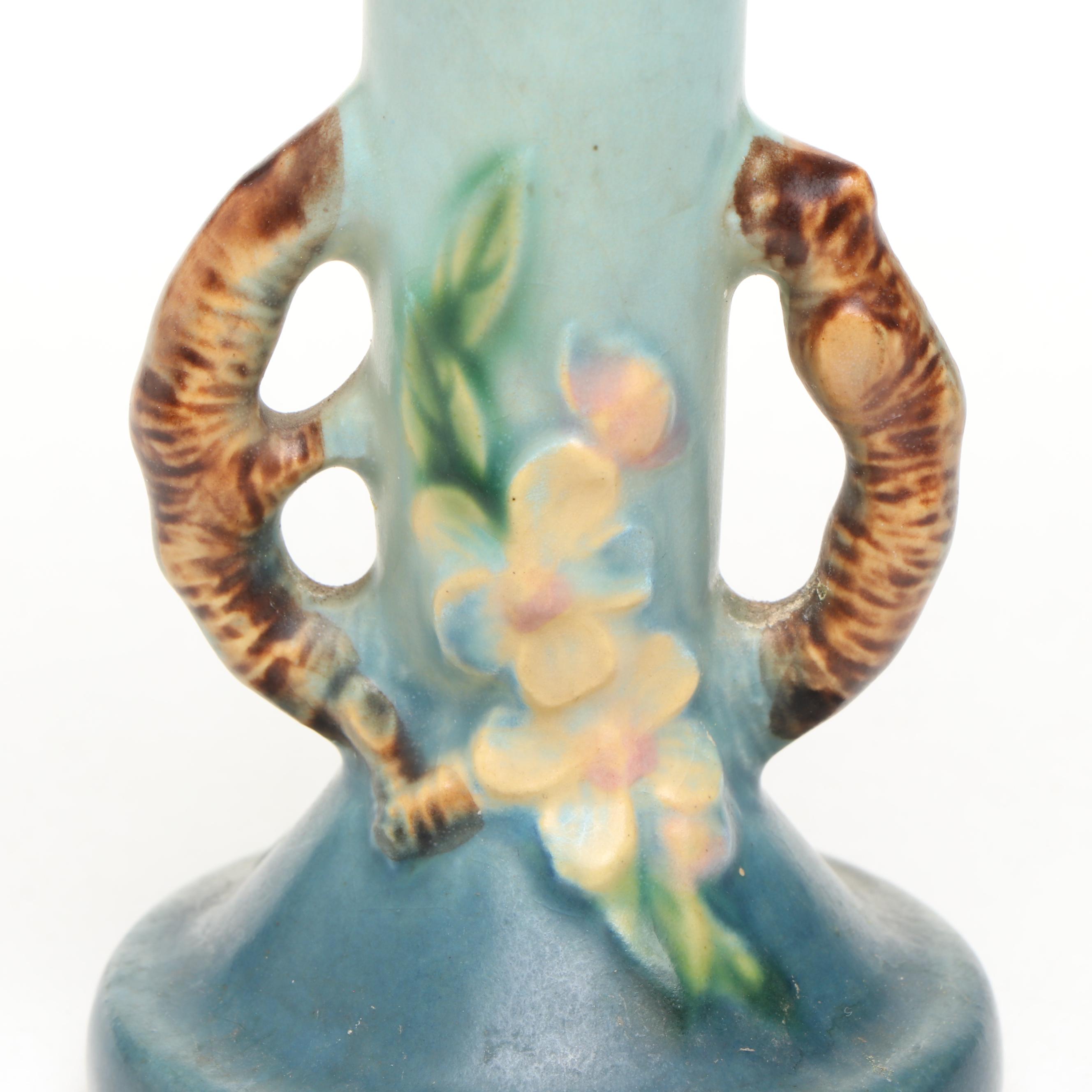 Roseville "Apple Blossom" Ceramic Bud Vase with Crystal Bowl