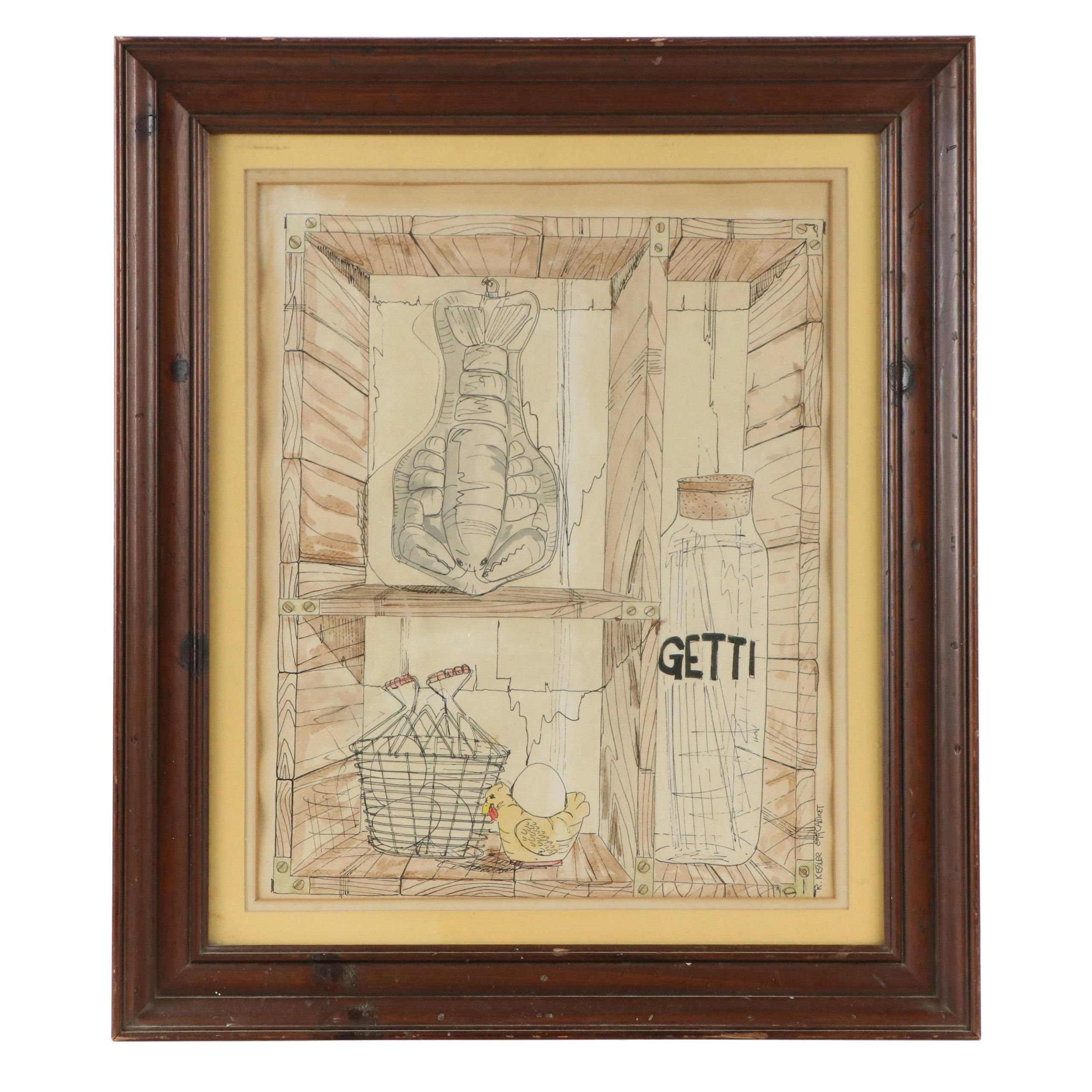 R. Kessler Pen and Ink With Watercolor Drawing "Egg Cabinet"