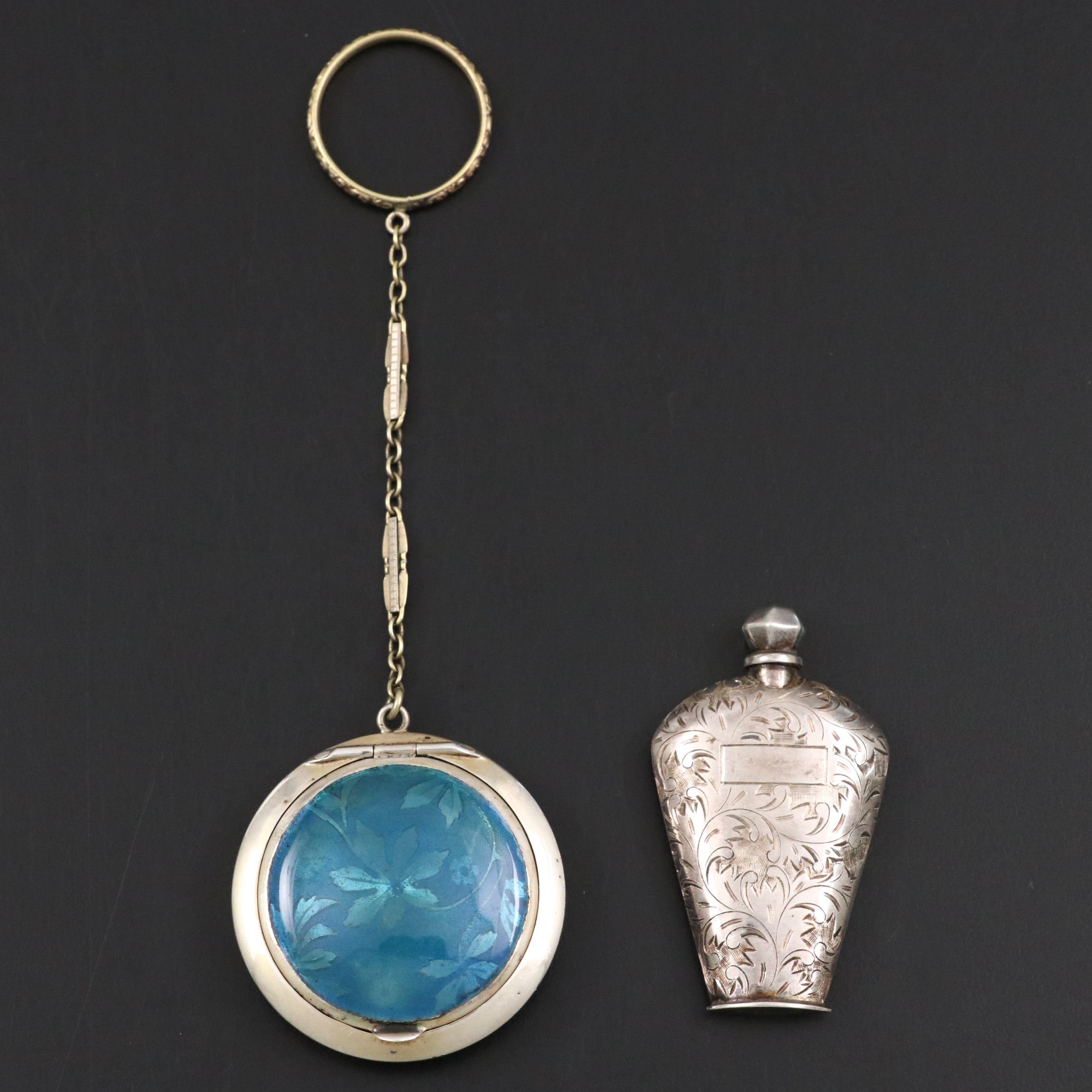 Sterling Silver Foliage Etched Perfume Bottle with Sterling and Enamel Compact