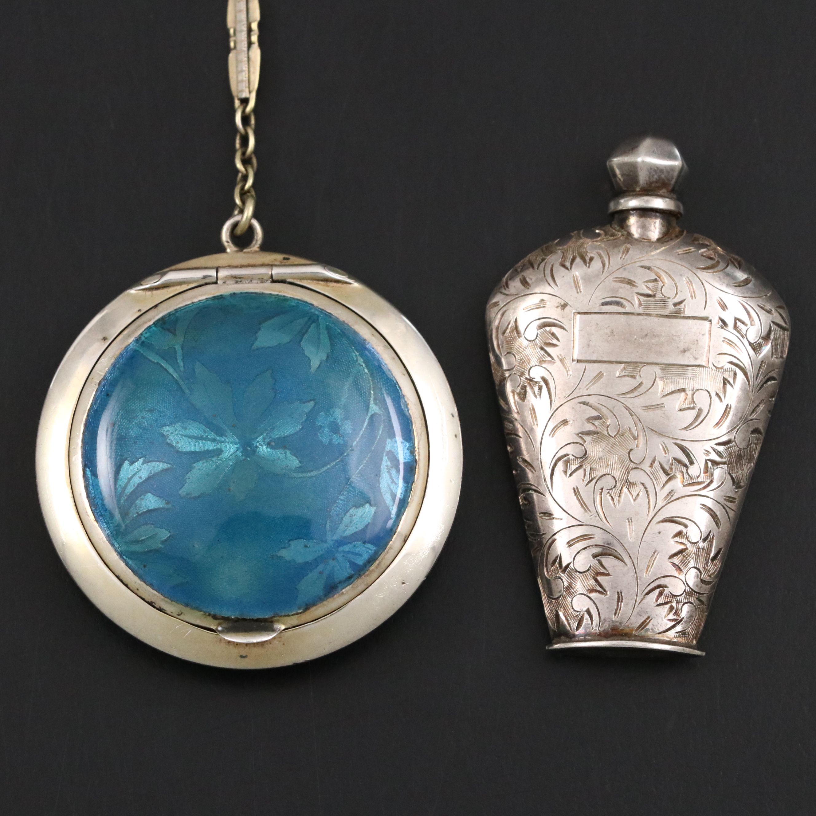 Sterling Silver Foliage Etched Perfume Bottle with Sterling and Enamel Compact
