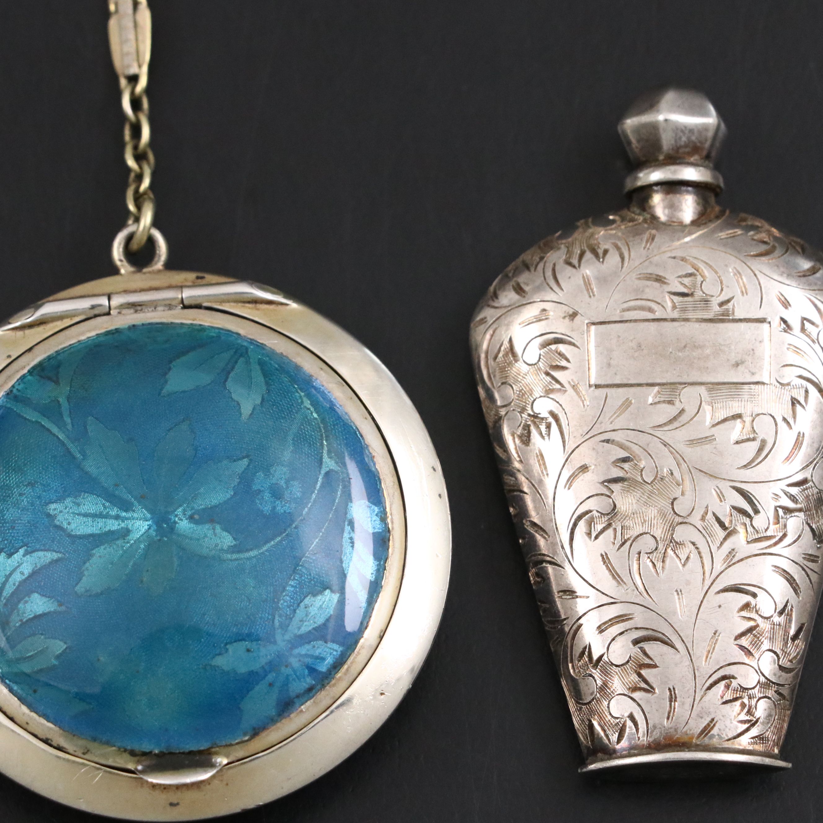 Sterling Silver Foliage Etched Perfume Bottle with Sterling and Enamel Compact
