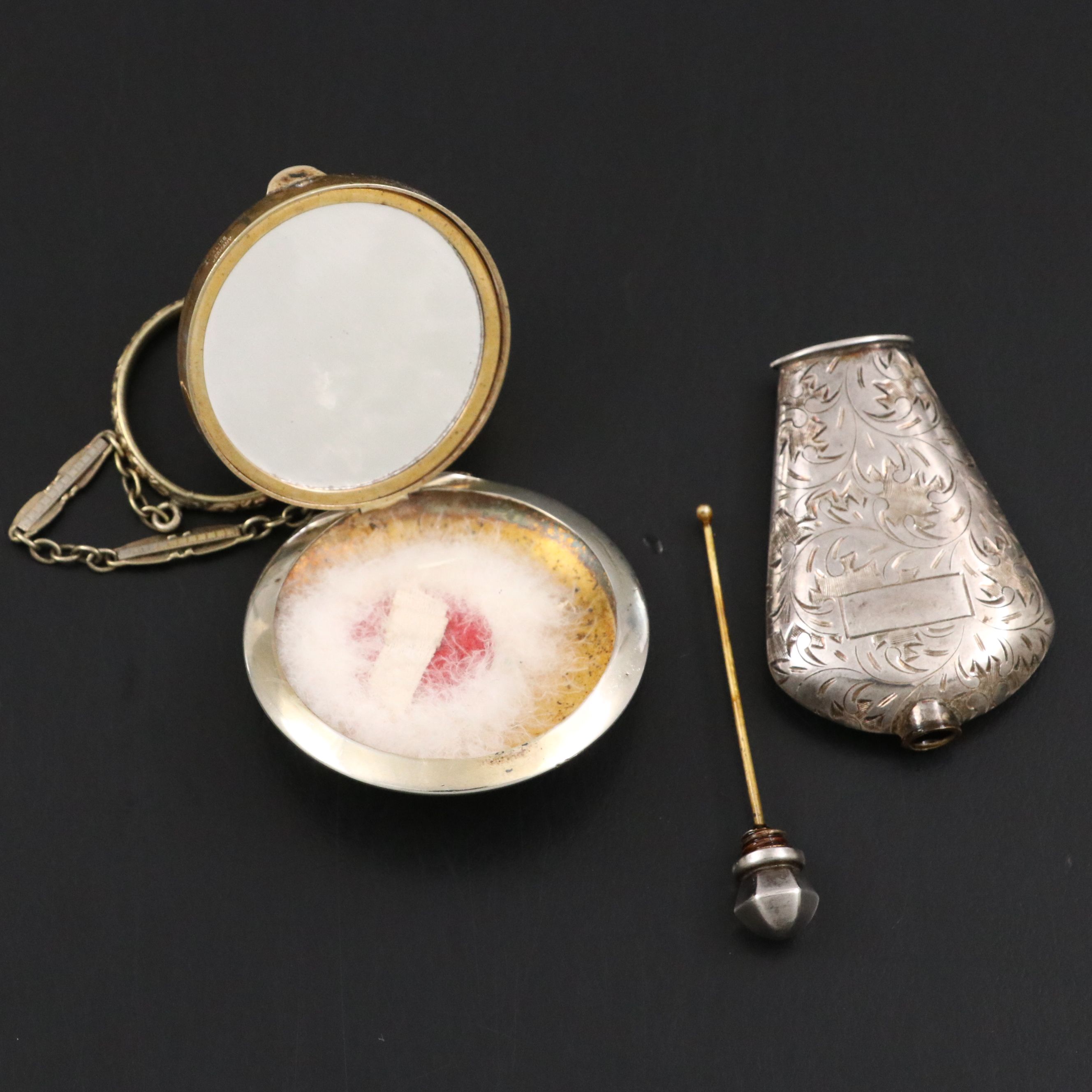 Sterling Silver Foliage Etched Perfume Bottle with Sterling and Enamel Compact