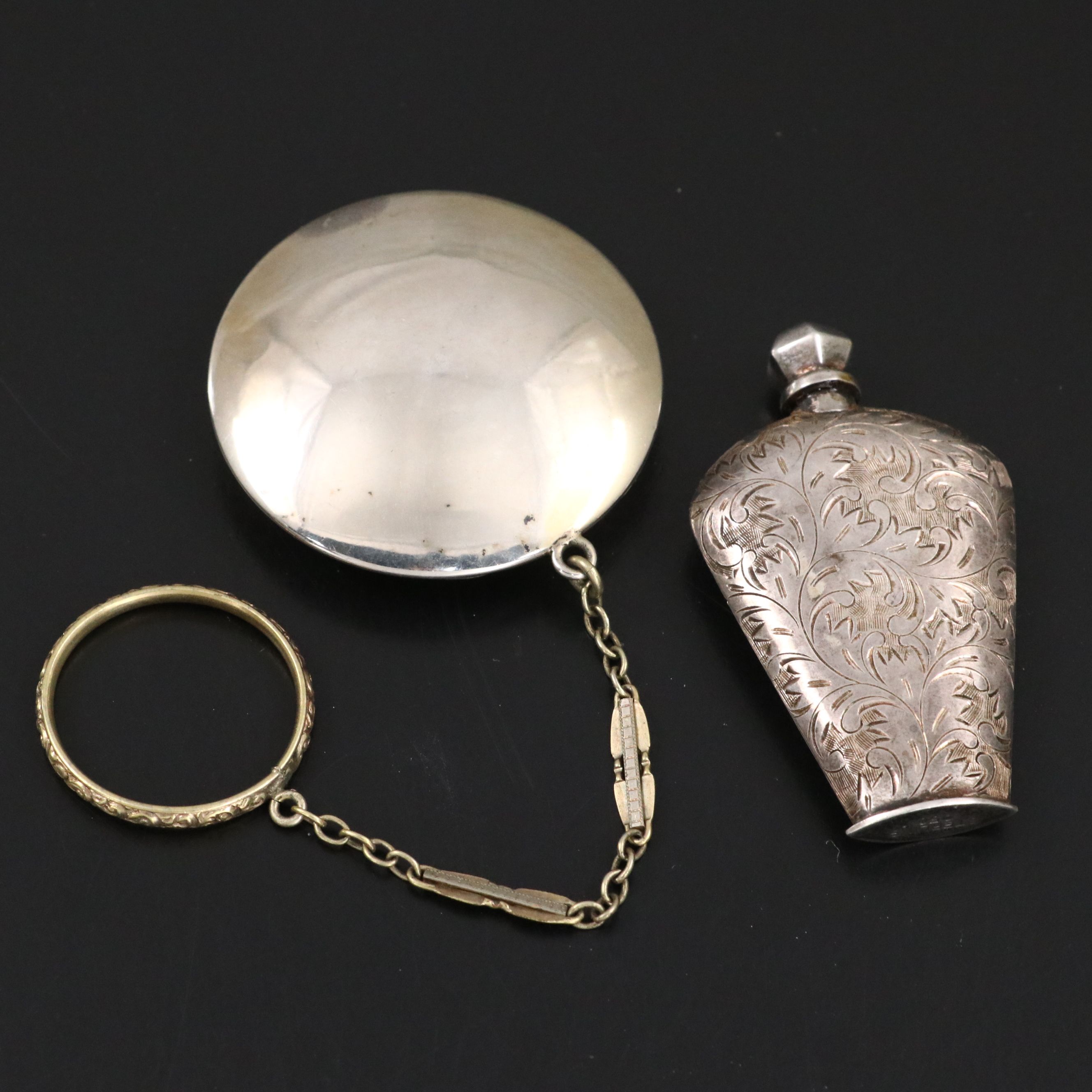 Sterling Silver Foliage Etched Perfume Bottle with Sterling and Enamel Compact