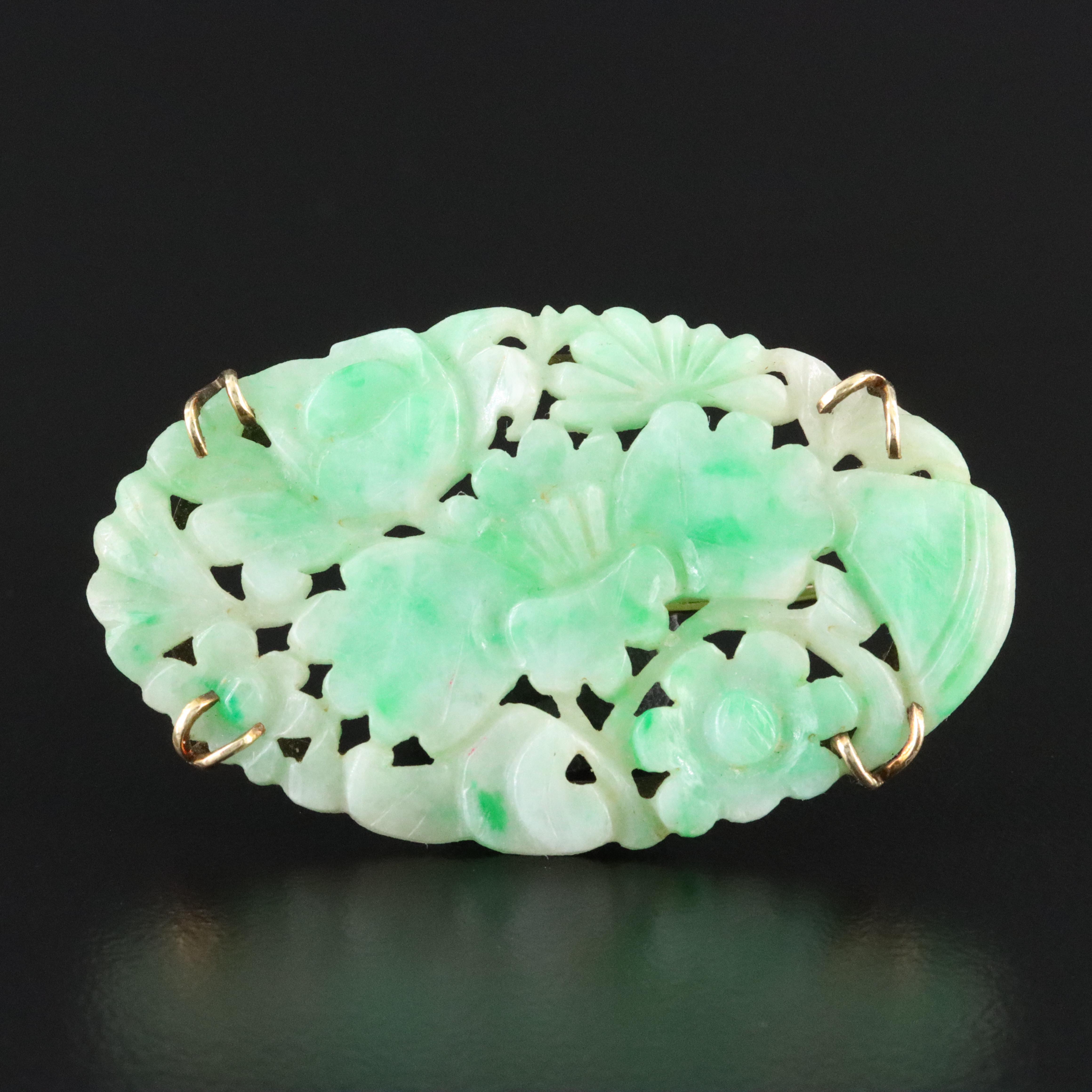 Vintage 14K Jadeite Carved Brooch