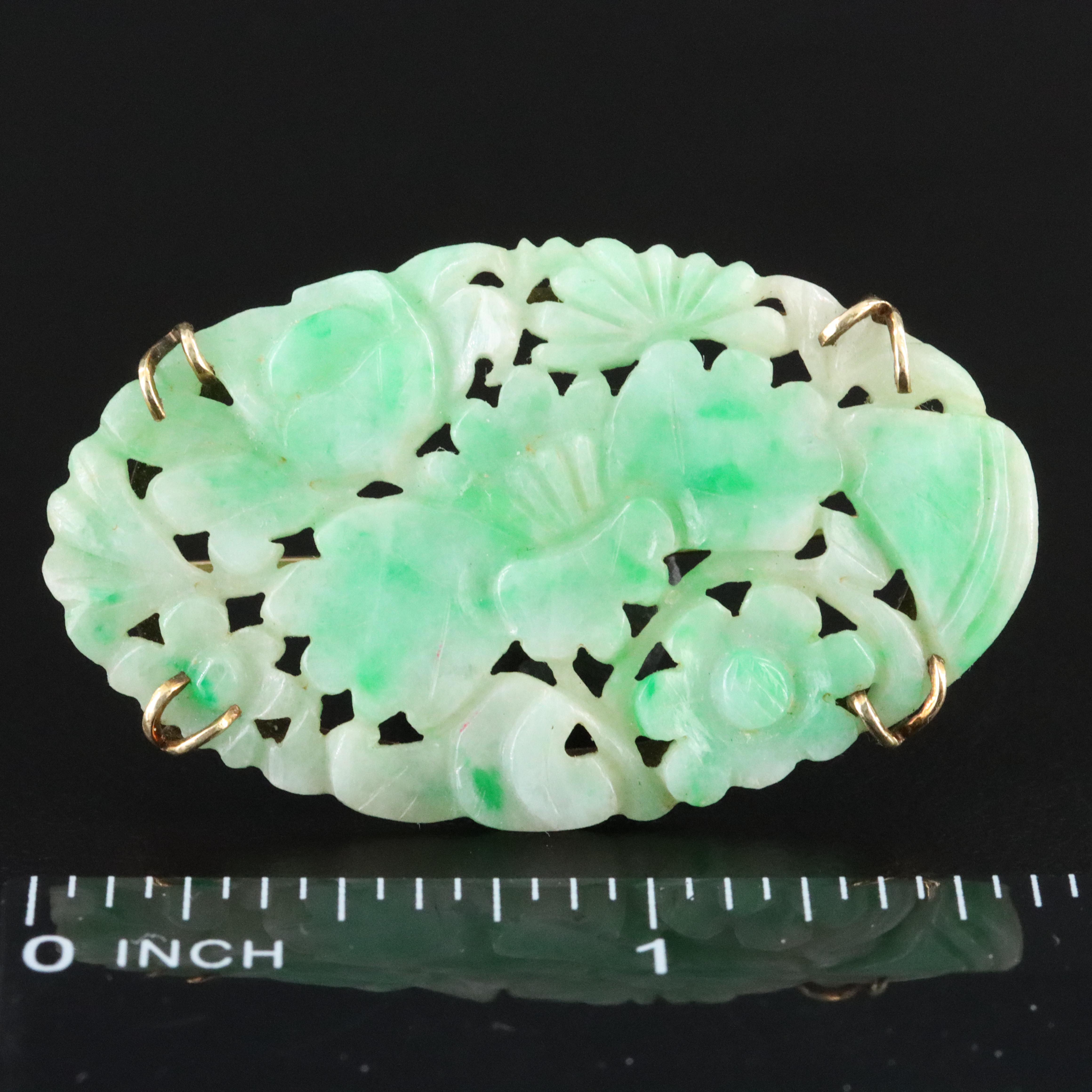 Vintage 14K Jadeite Carved Brooch
