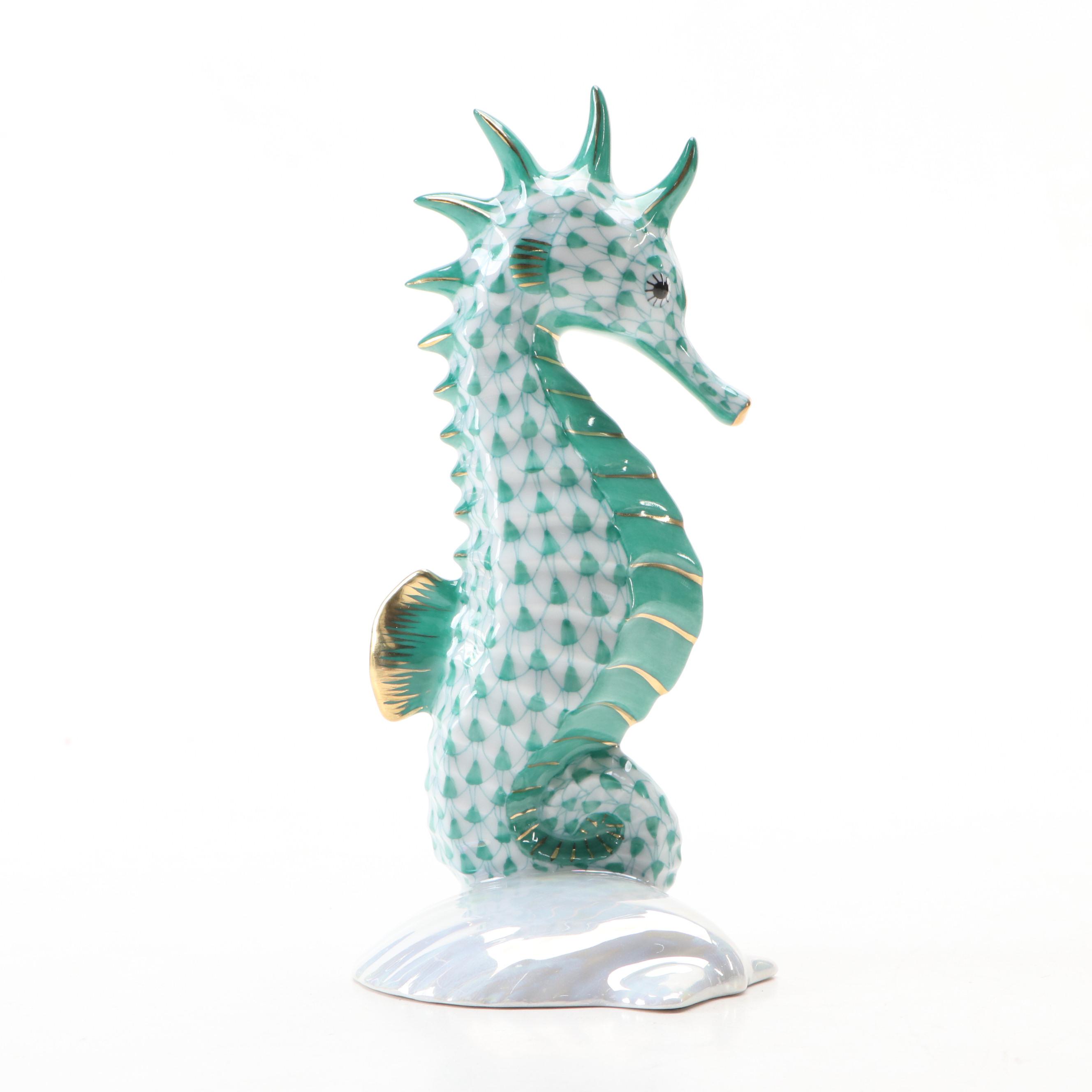 Herend Green Fishnet with Gold Gilt "Seahorse" Porcelain Figurine