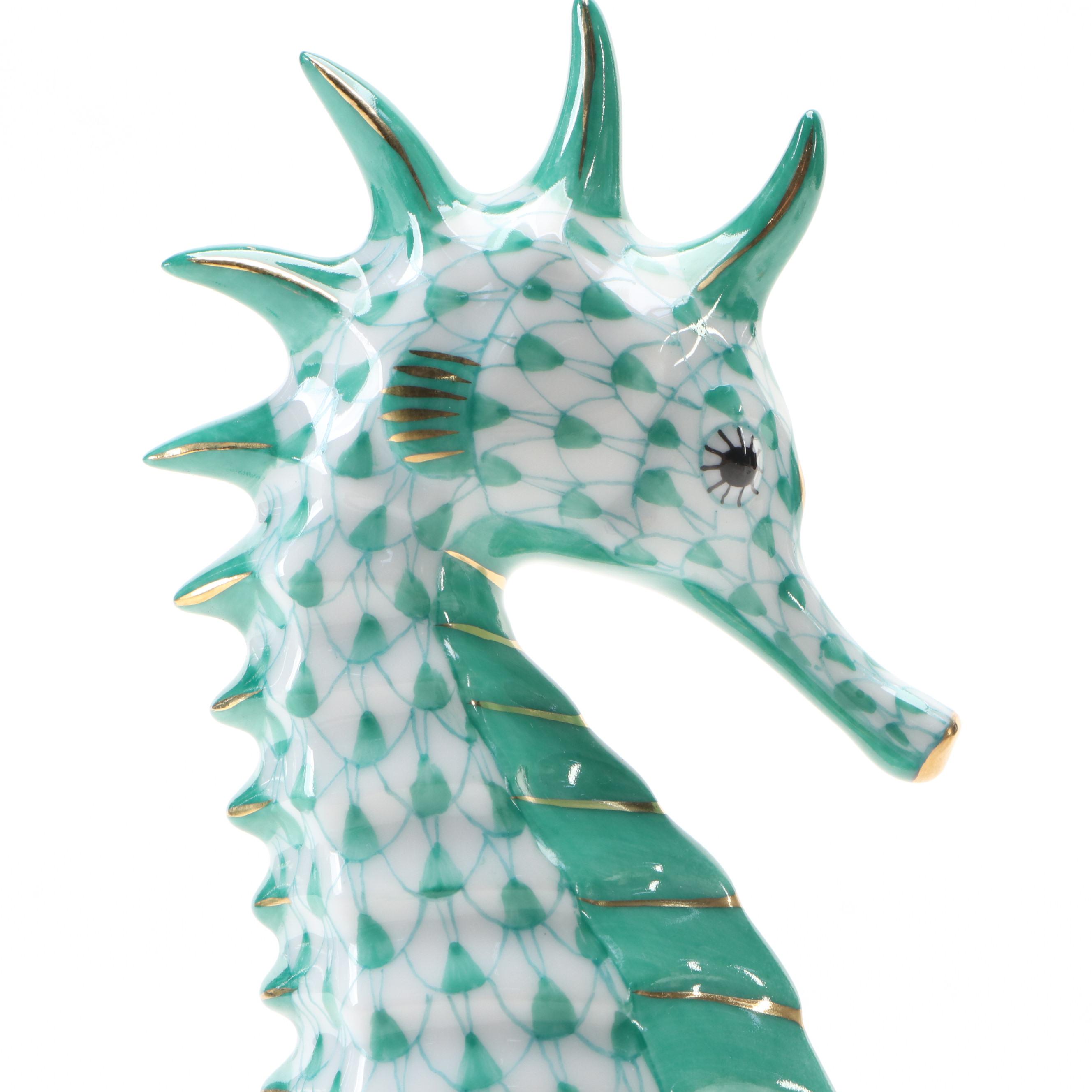Herend Green Fishnet with Gold Gilt "Seahorse" Porcelain Figurine