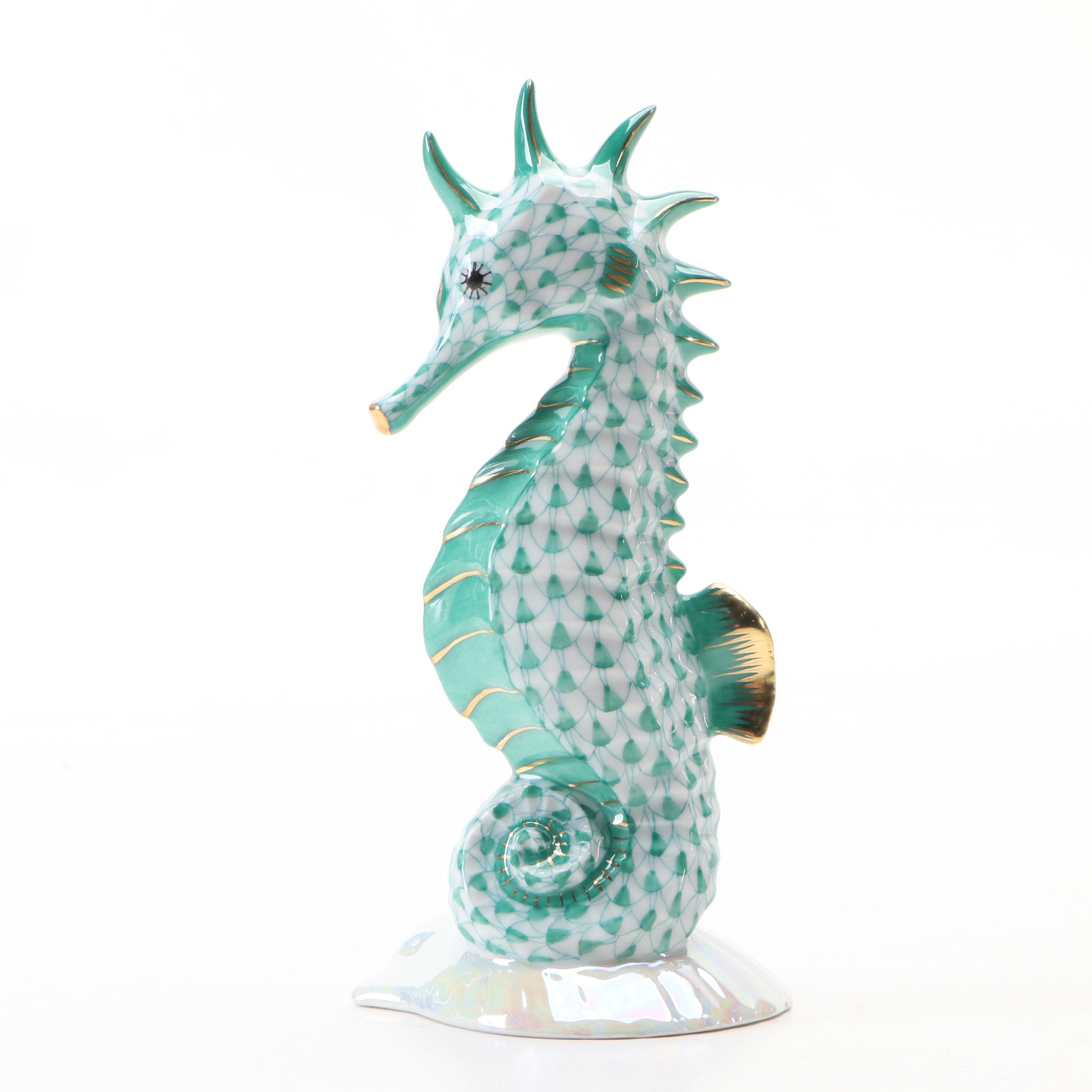 Herend Green Fishnet with Gold Gilt "Seahorse" Porcelain Figurine