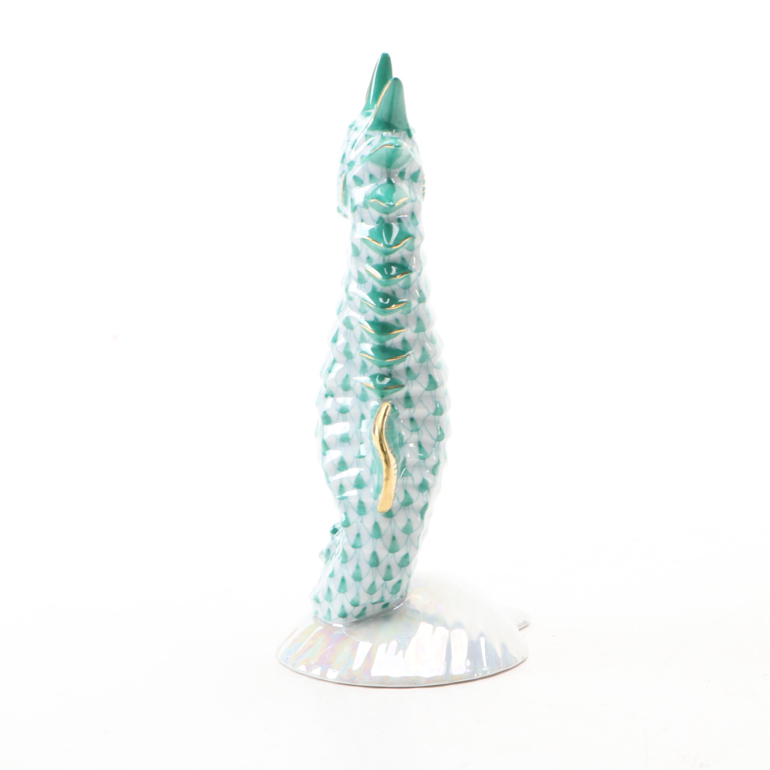 Herend Green Fishnet with Gold Gilt "Seahorse" Porcelain Figurine