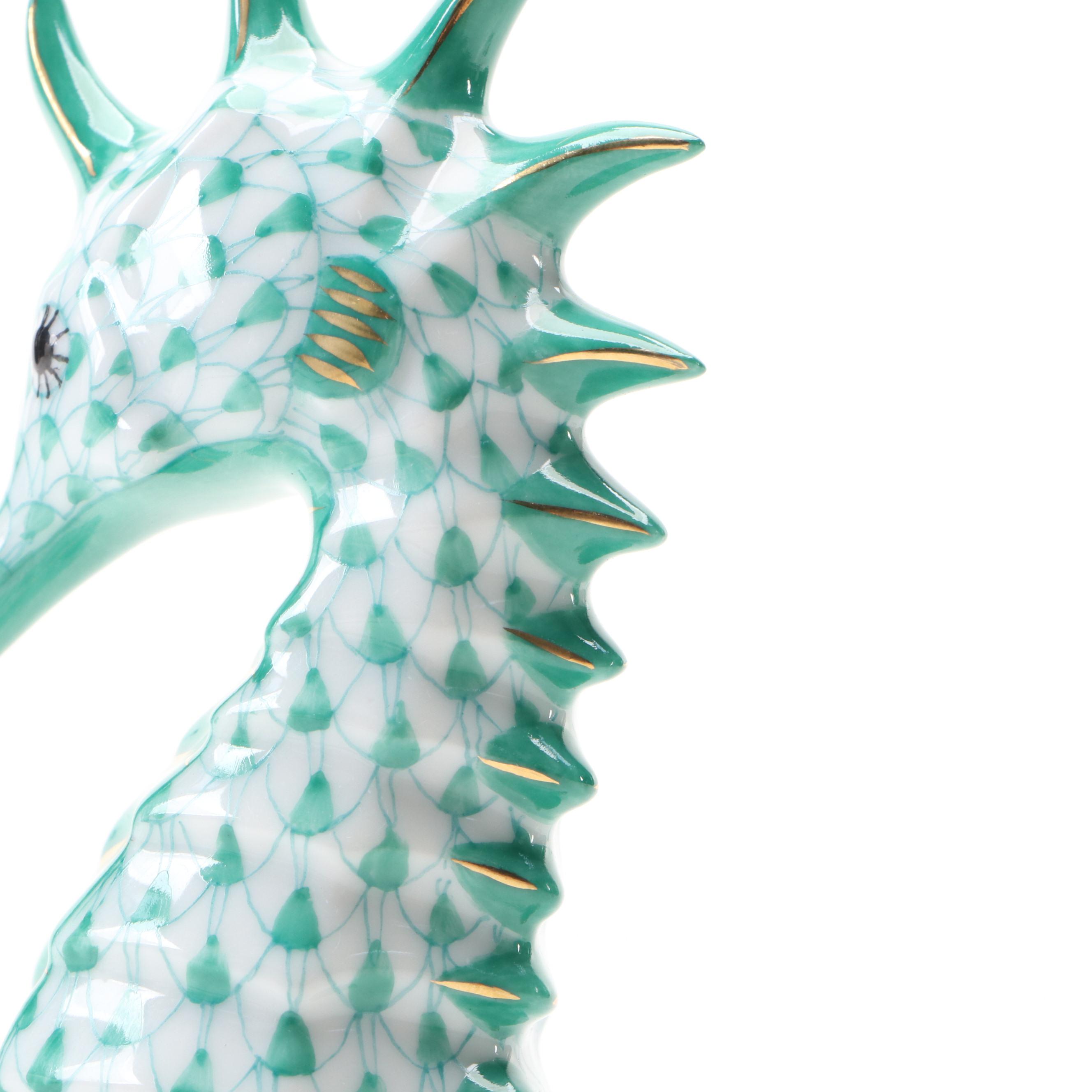 Herend Green Fishnet with Gold Gilt "Seahorse" Porcelain Figurine