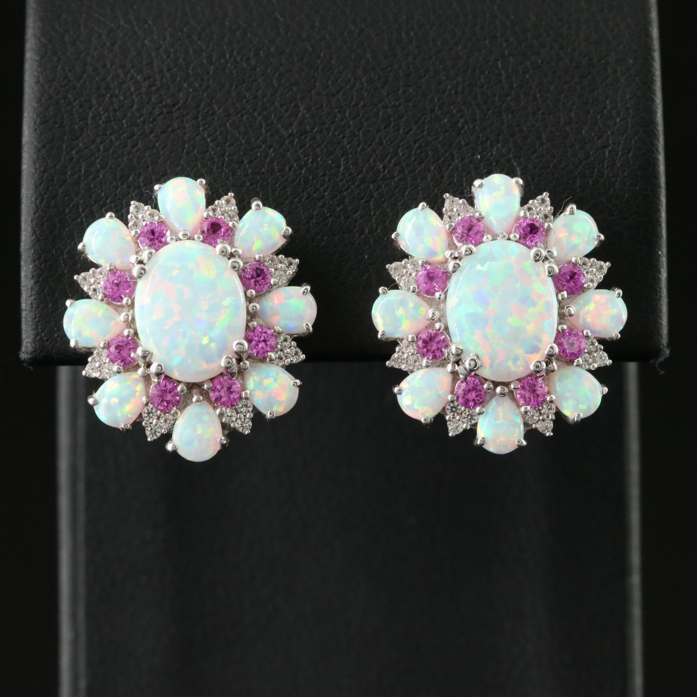 Sterling Opal, Pink and White Sapphire Earrings