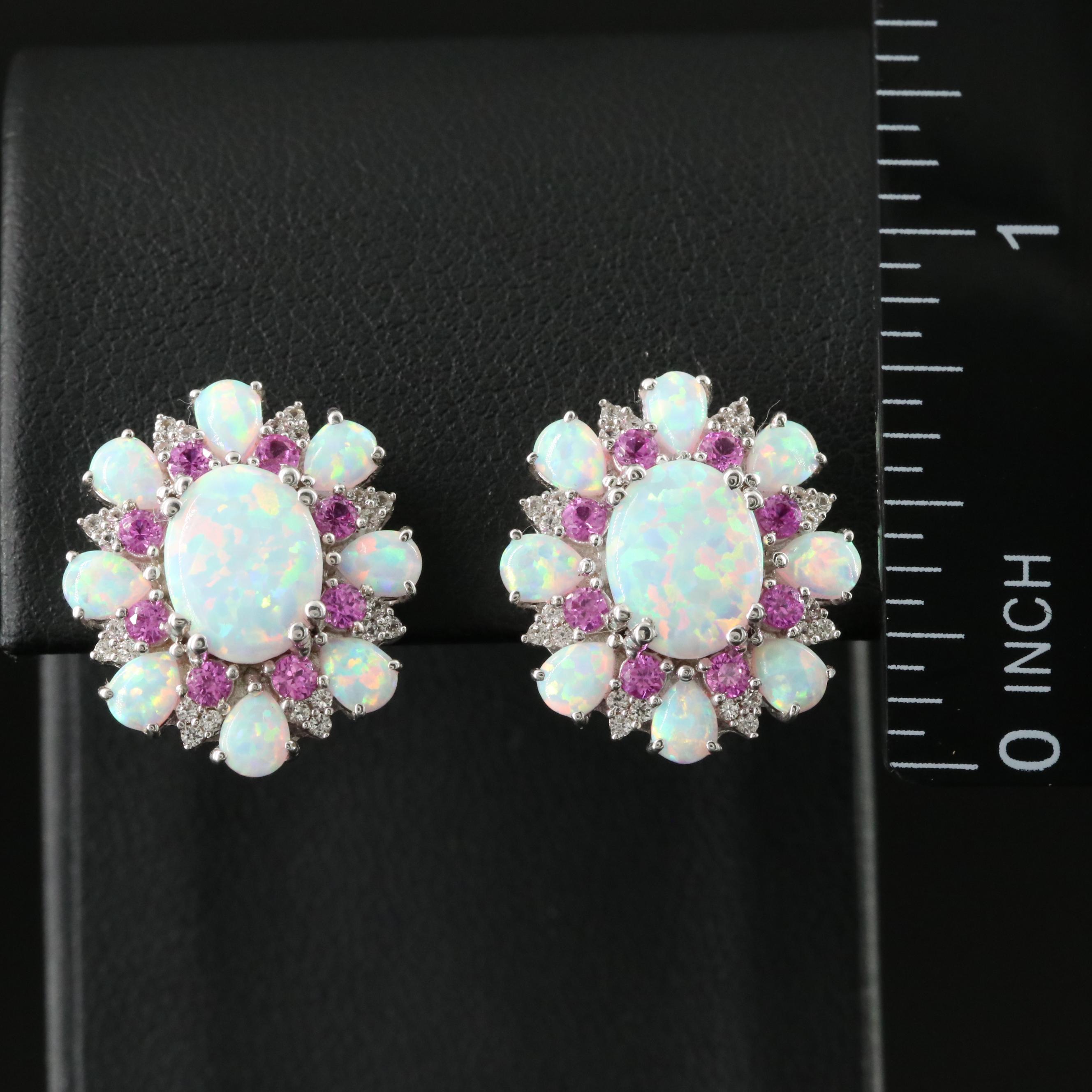 Sterling Opal, Pink and White Sapphire Earrings