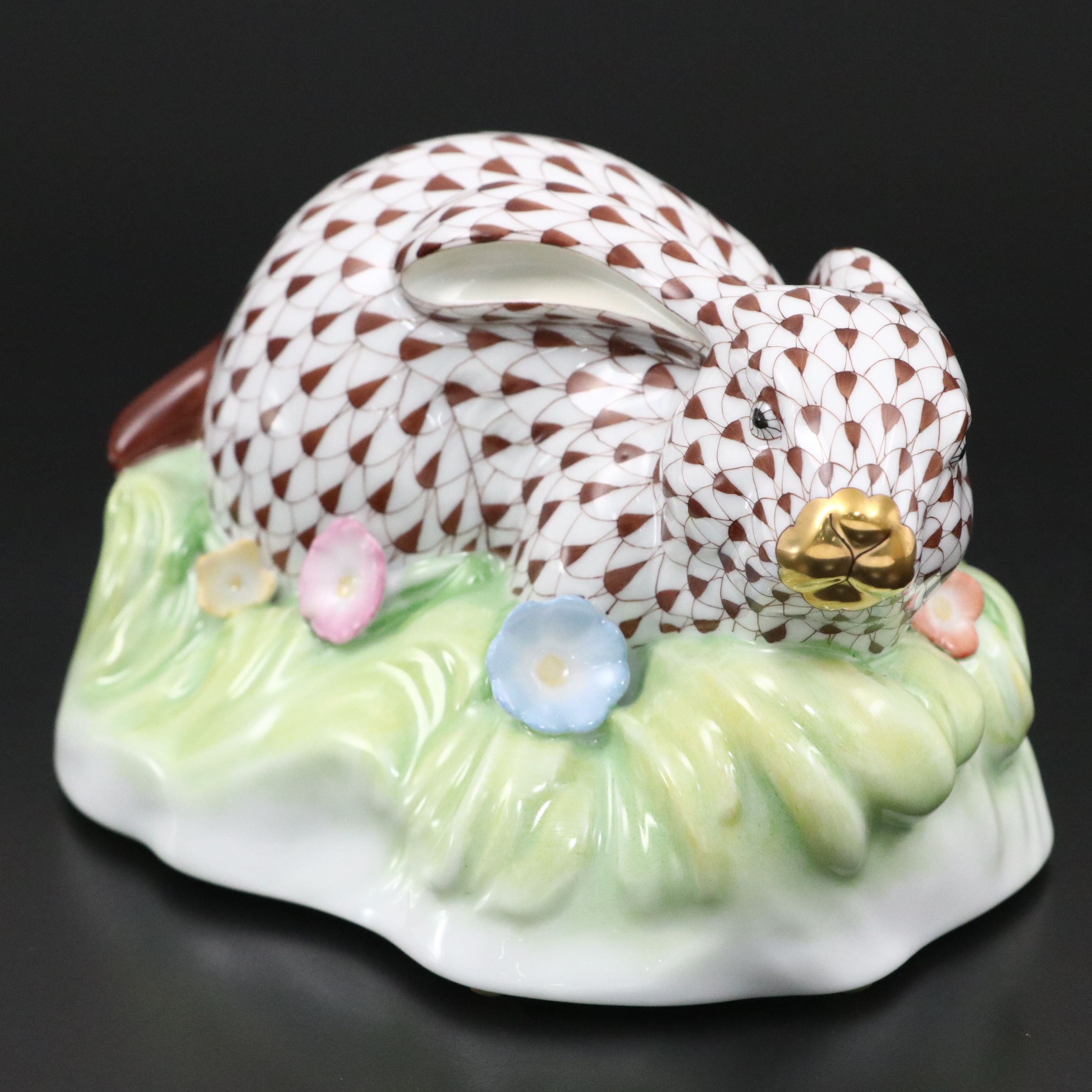 Herend Chocolate Fishnet with Gold Gilt "Rabbit in Grass" Porcelain Figurine