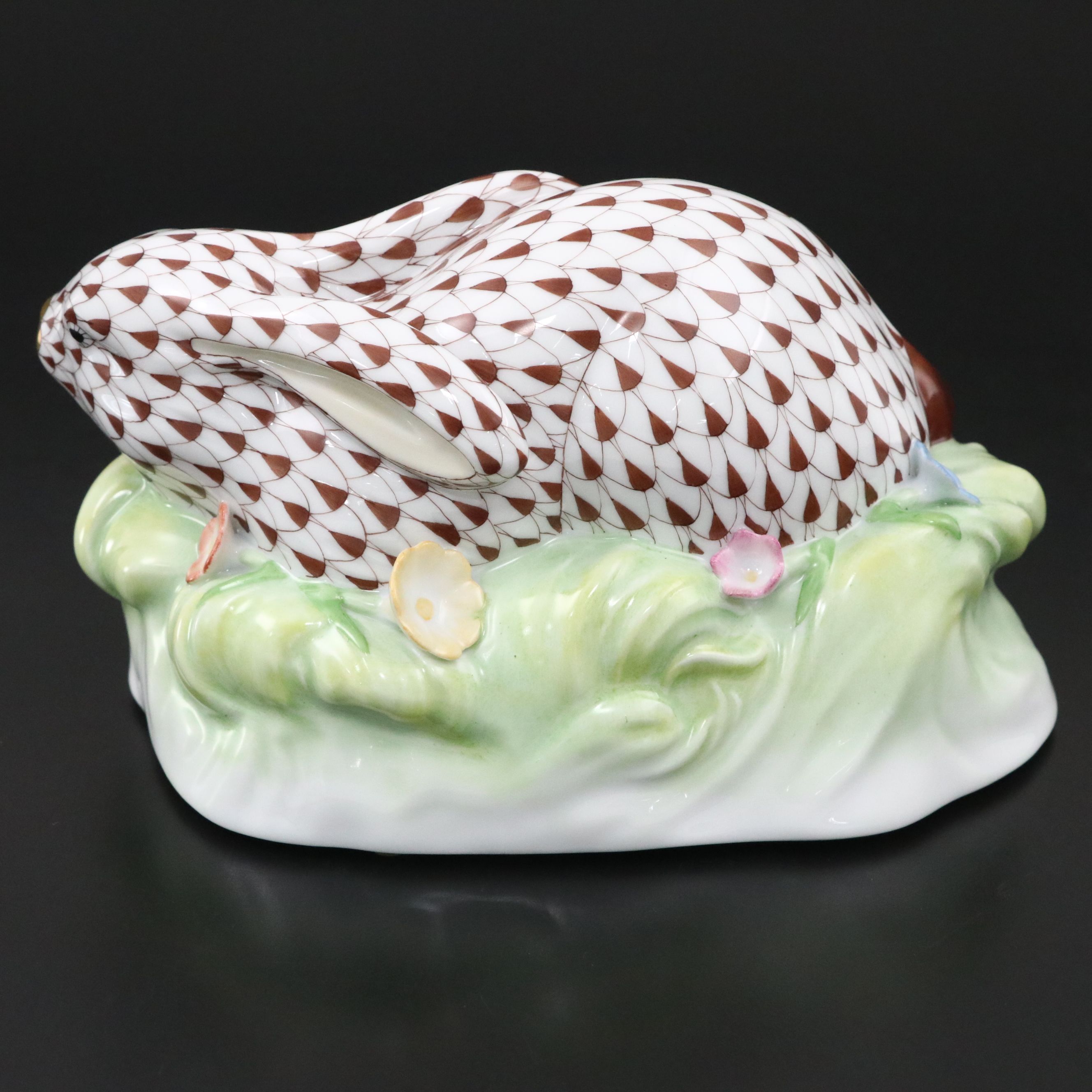 Herend Chocolate Fishnet with Gold Gilt "Rabbit in Grass" Porcelain Figurine