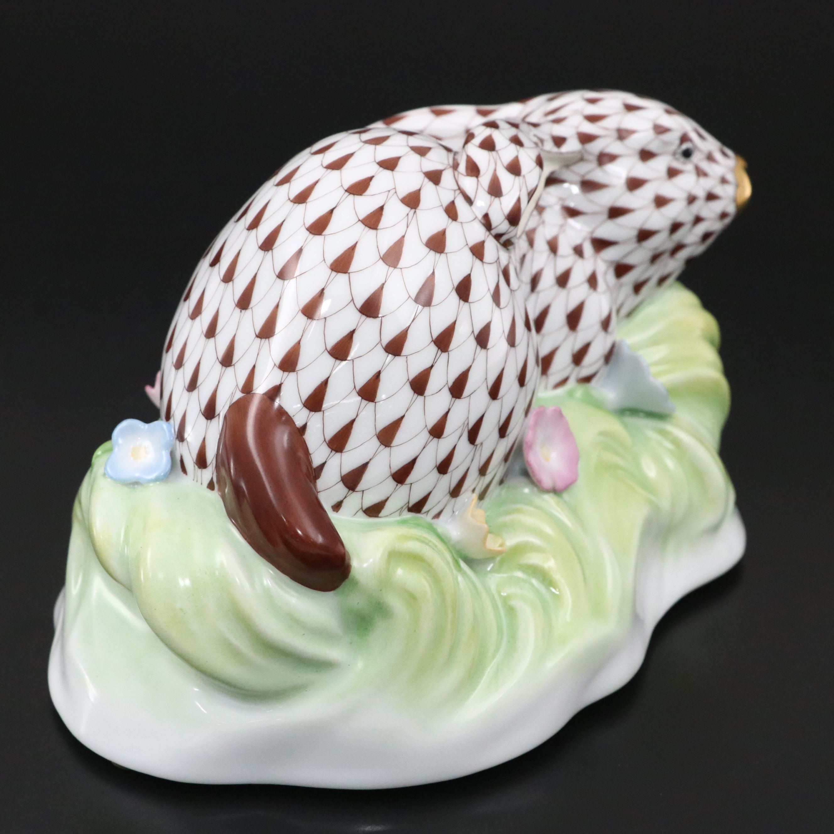 Herend Chocolate Fishnet with Gold Gilt "Rabbit in Grass" Porcelain Figurine