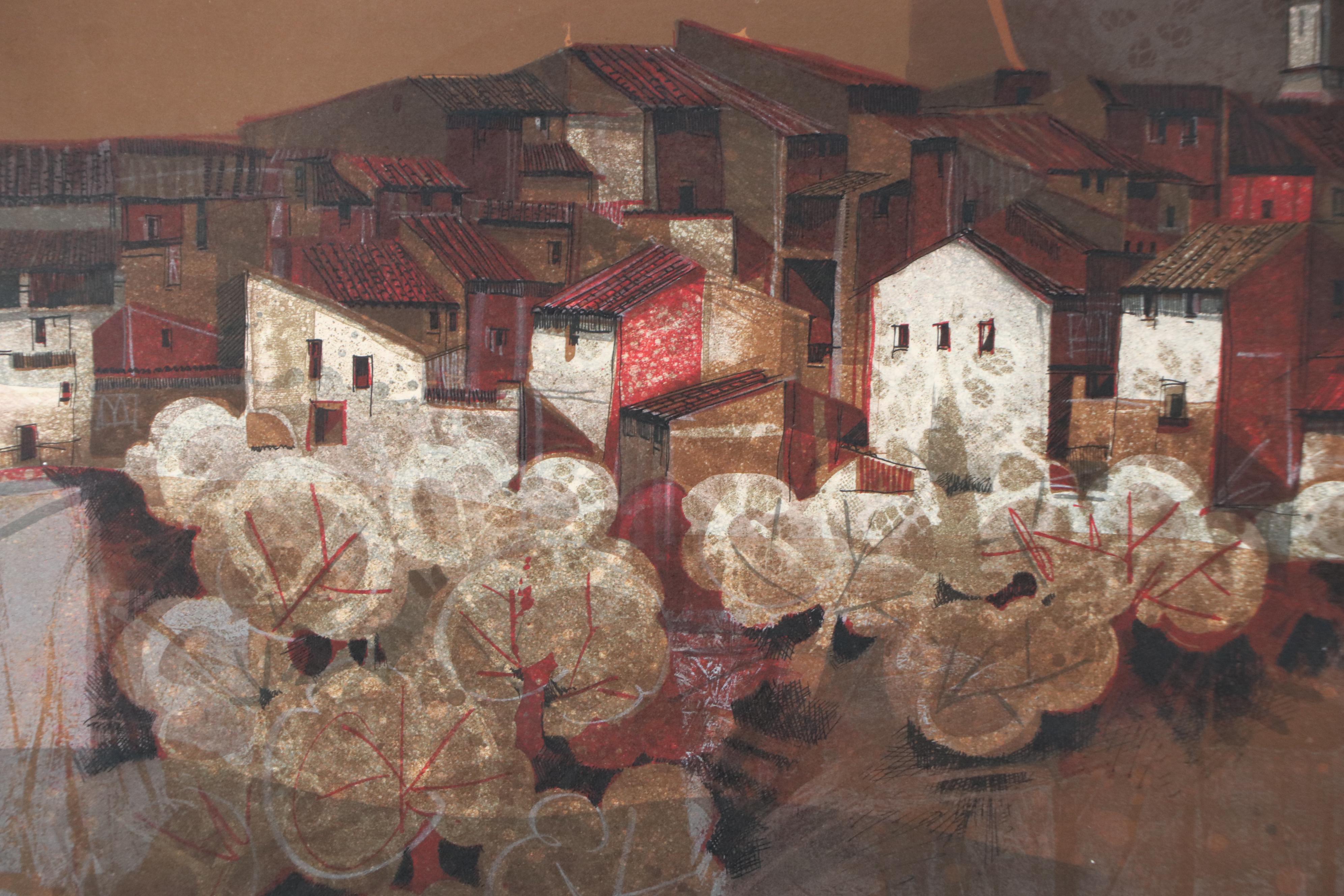 Àlvar Suñol Munoz-Ramos Color Lithograph "The Village in the Night"