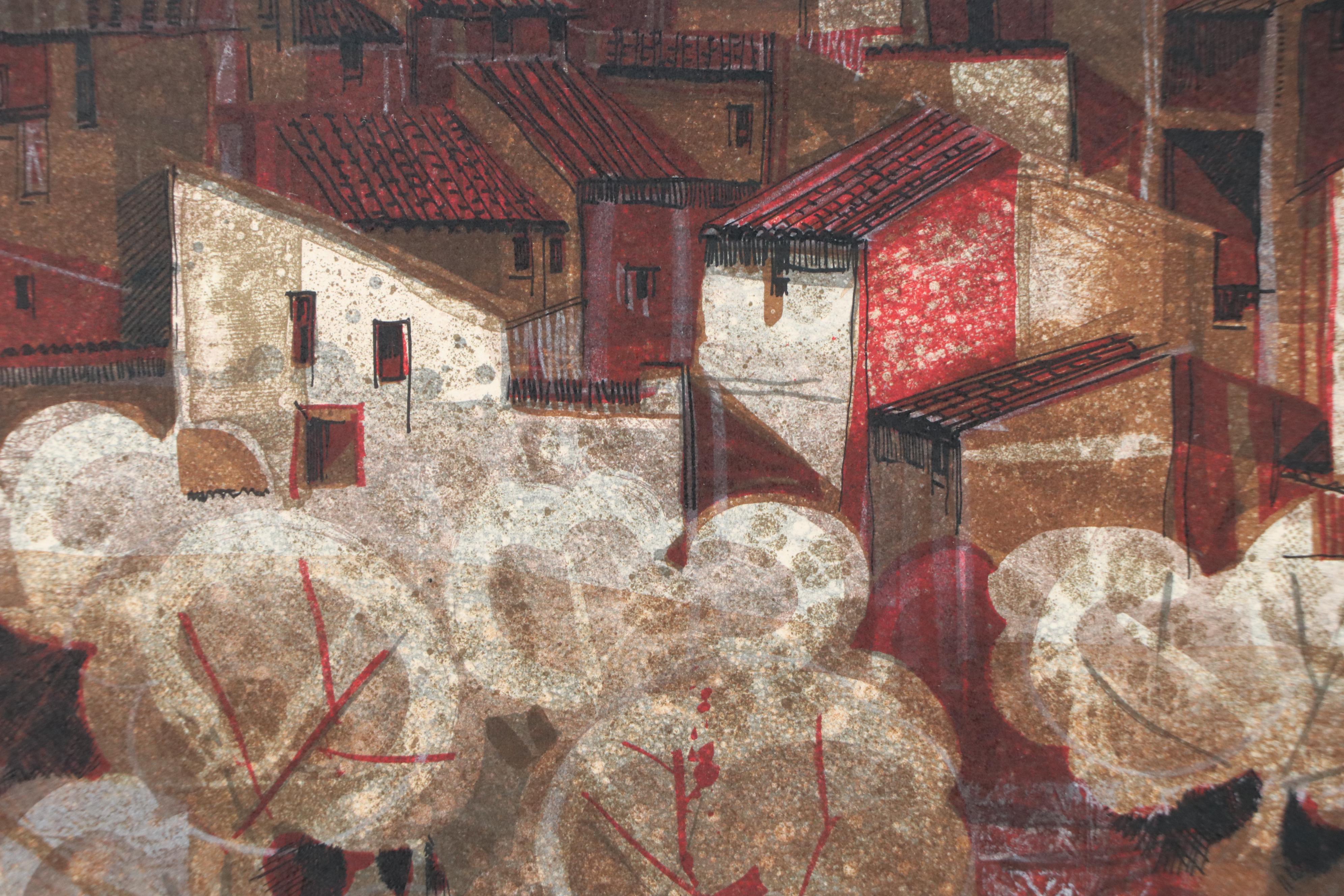 Àlvar Suñol Munoz-Ramos Color Lithograph "The Village in the Night"