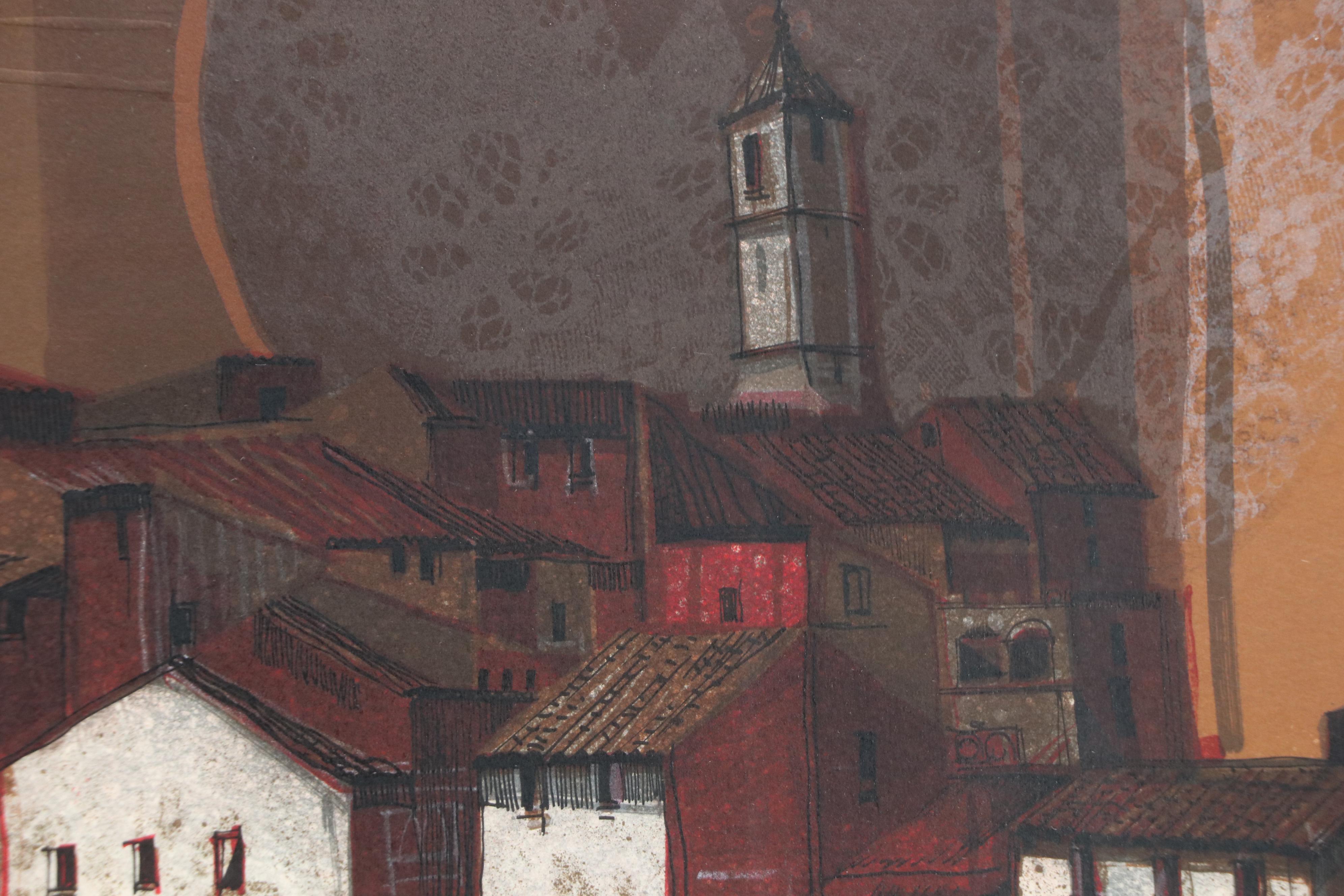 Àlvar Suñol Munoz-Ramos Color Lithograph "The Village in the Night"