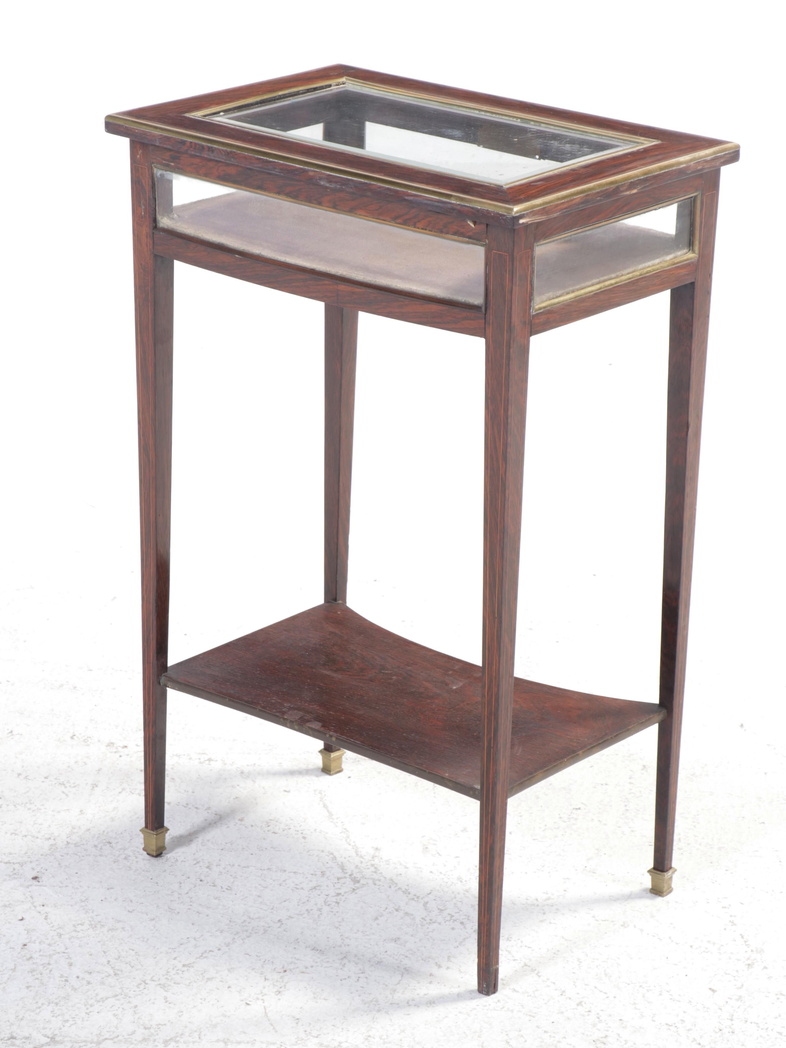 Edwardian Rosewood and String Inlay with Beveled Glass Vitrine Table