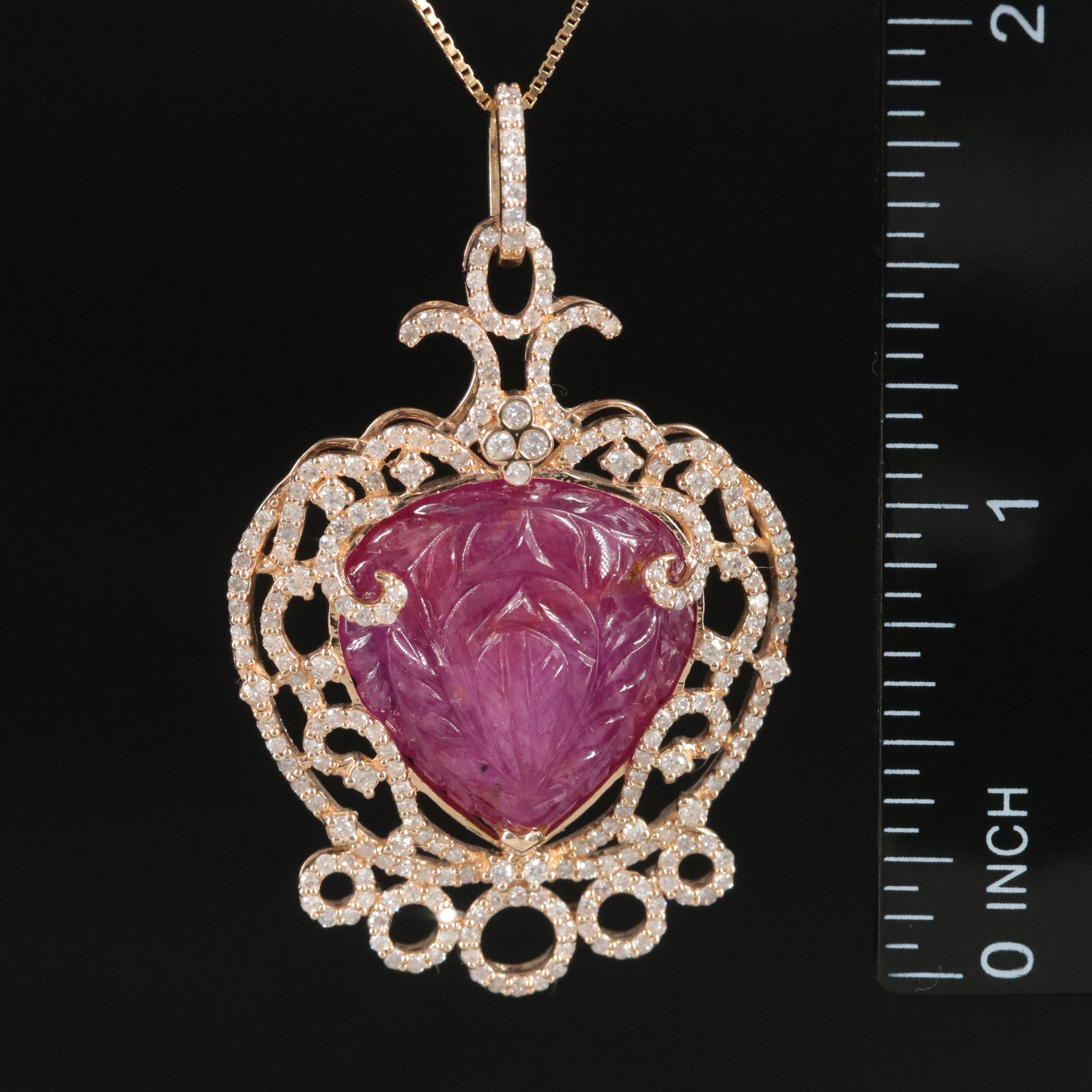 14K Carved 19.00 CT Ruby and 1.32 CTW Diamond Pendant Necklace with IGI Report