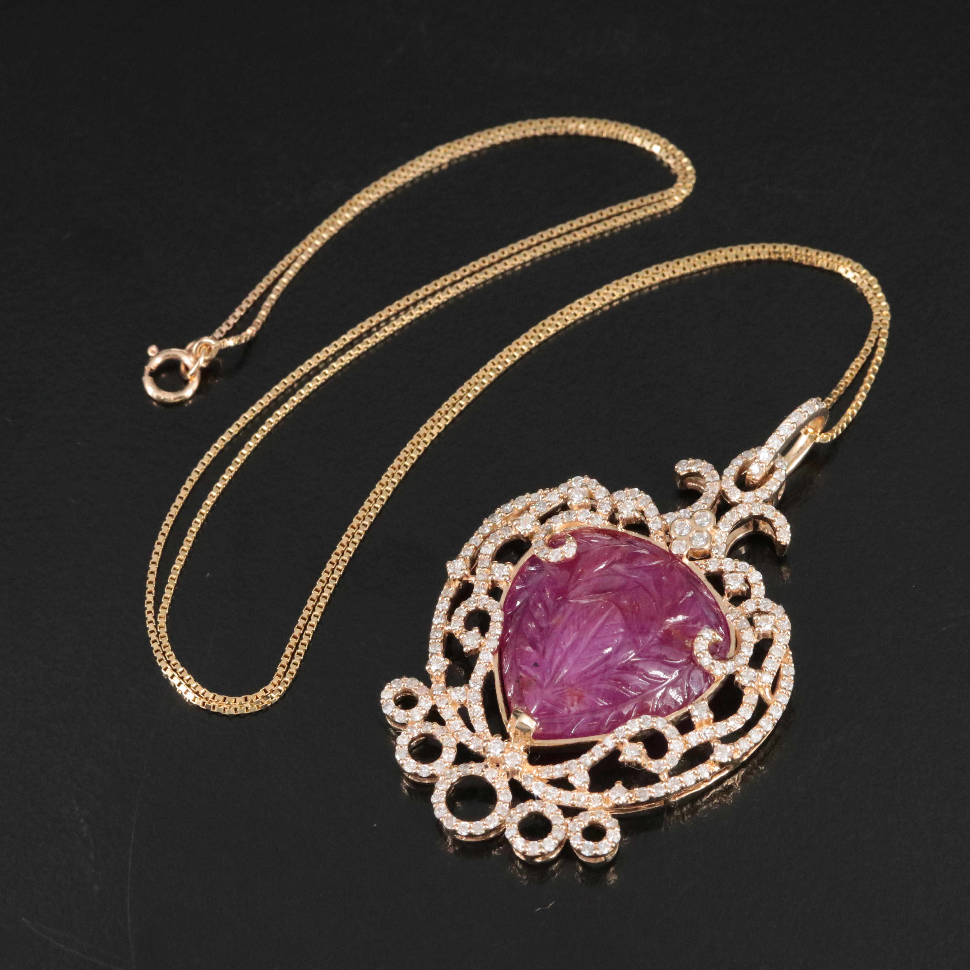 14K Carved 19.00 CT Ruby and 1.32 CTW Diamond Pendant Necklace with IGI Report