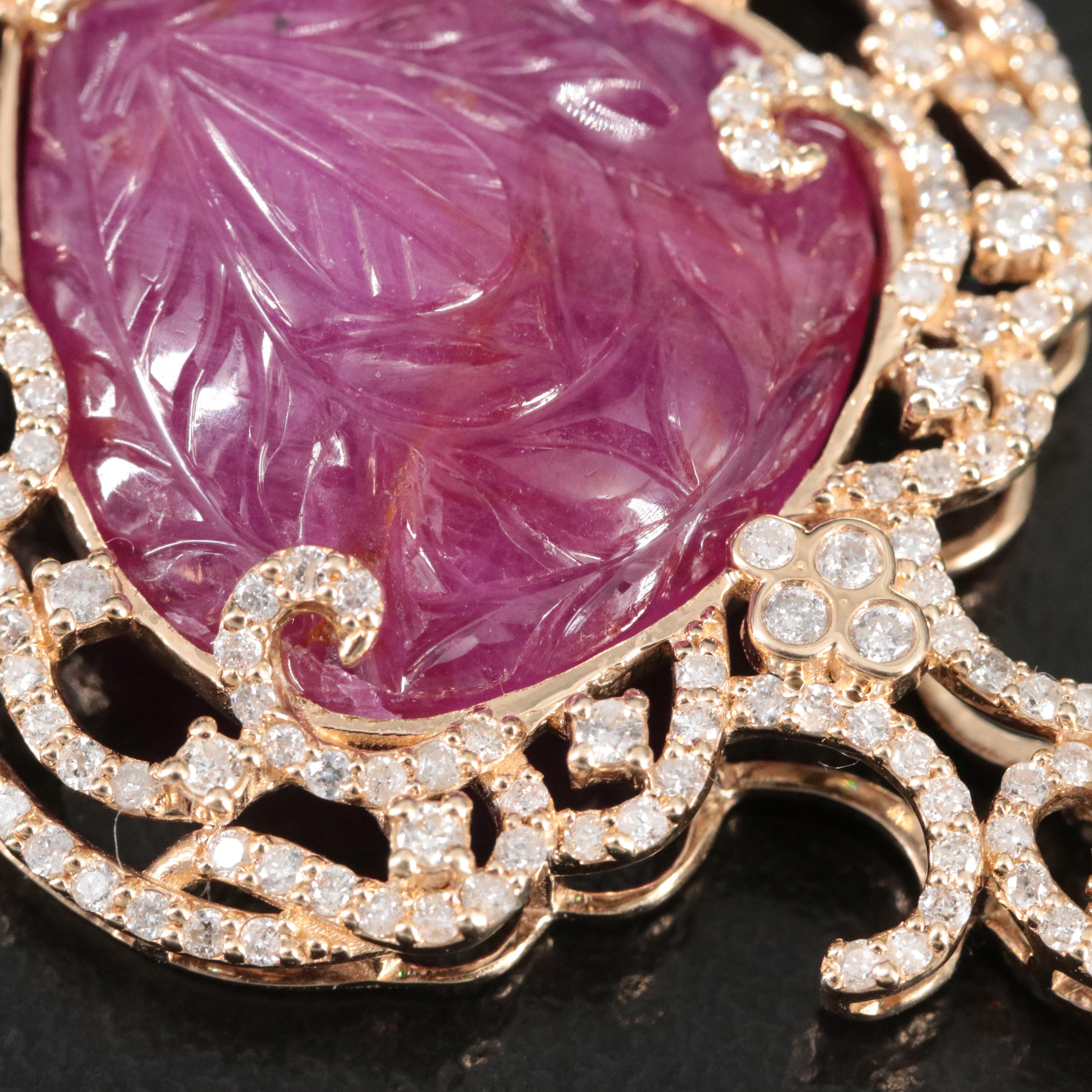 14K Carved 19.00 CT Ruby and 1.32 CTW Diamond Pendant Necklace with IGI Report