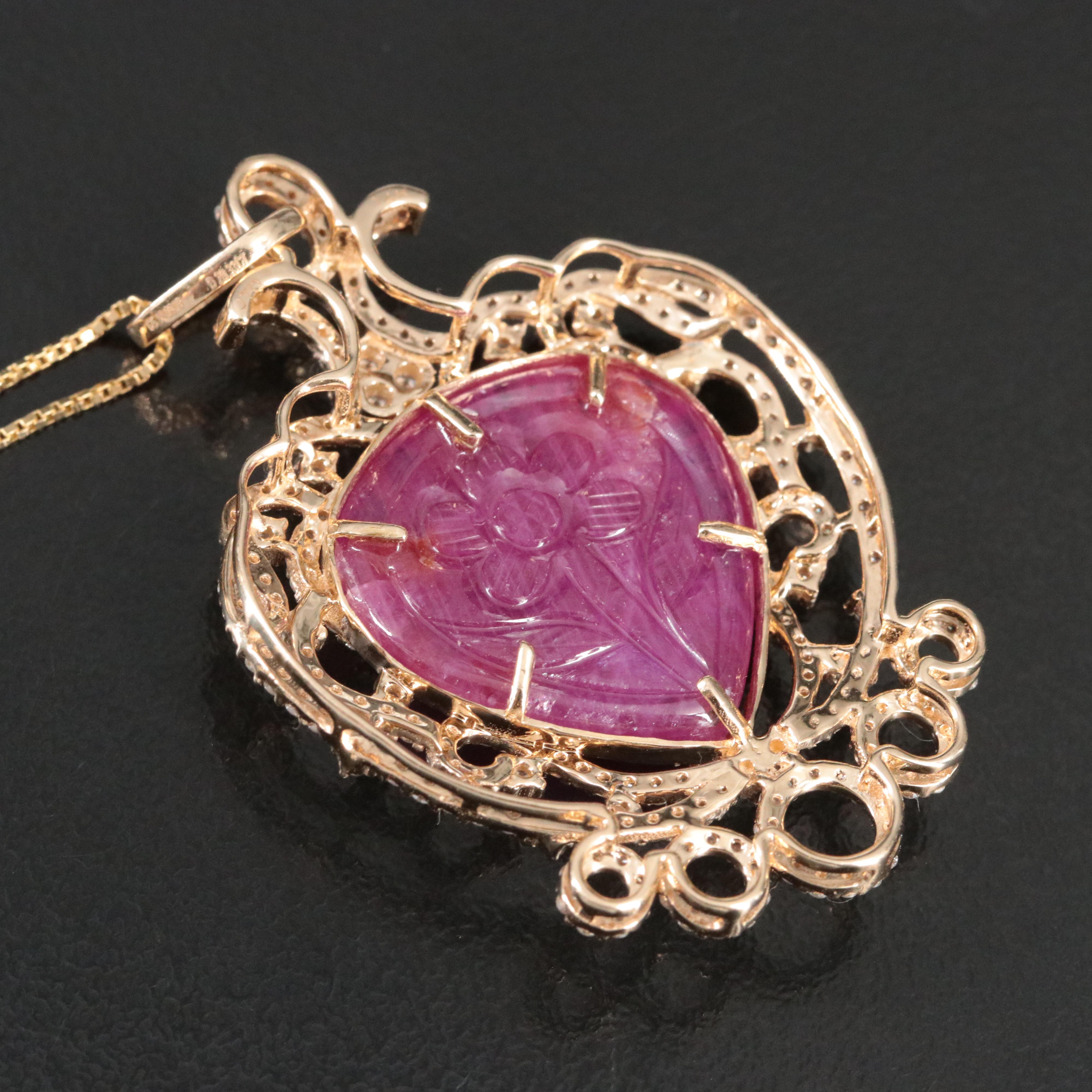 14K Carved 19.00 CT Ruby and 1.32 CTW Diamond Pendant Necklace with IGI Report