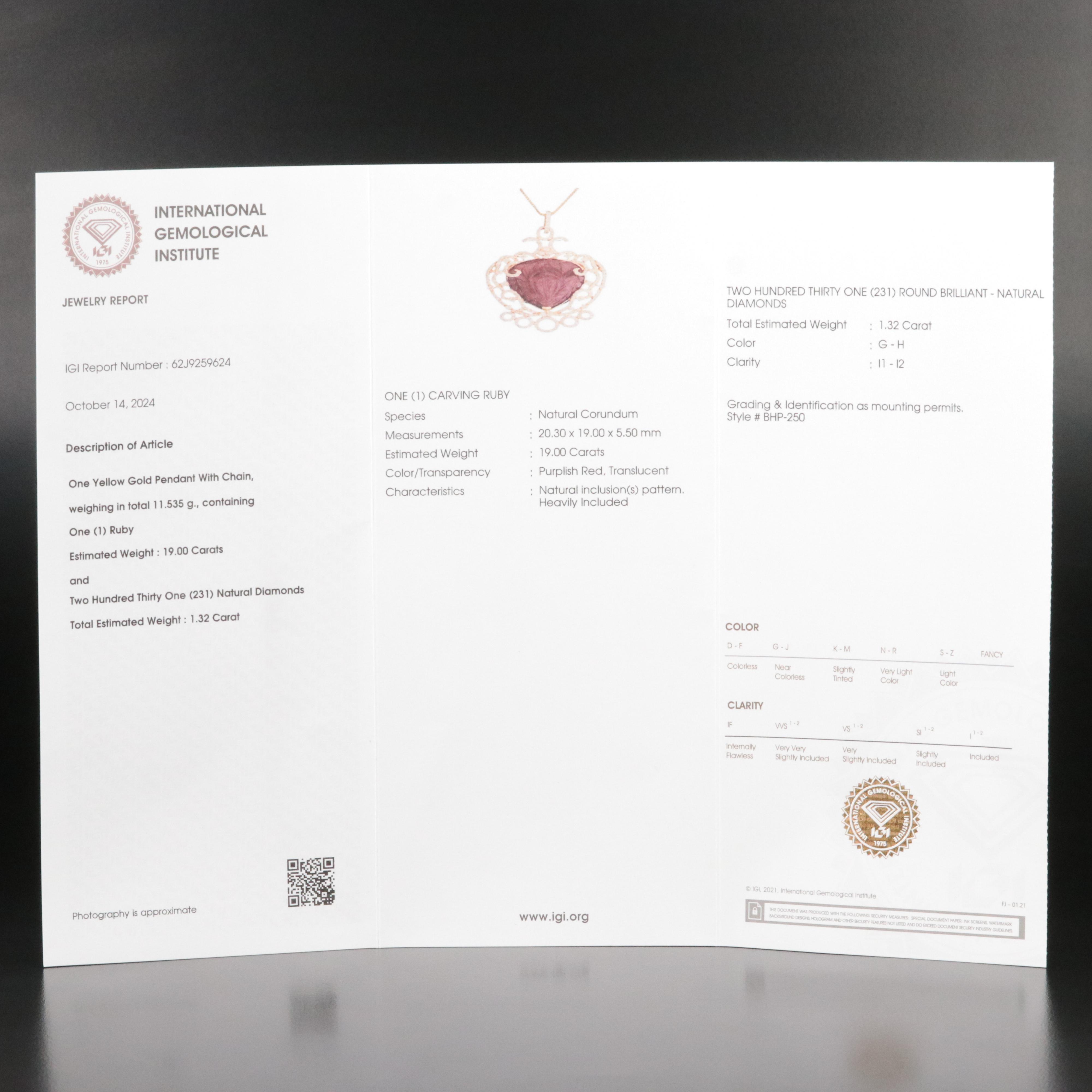 14K Carved 19.00 CT Ruby and 1.32 CTW Diamond Pendant Necklace with IGI Report