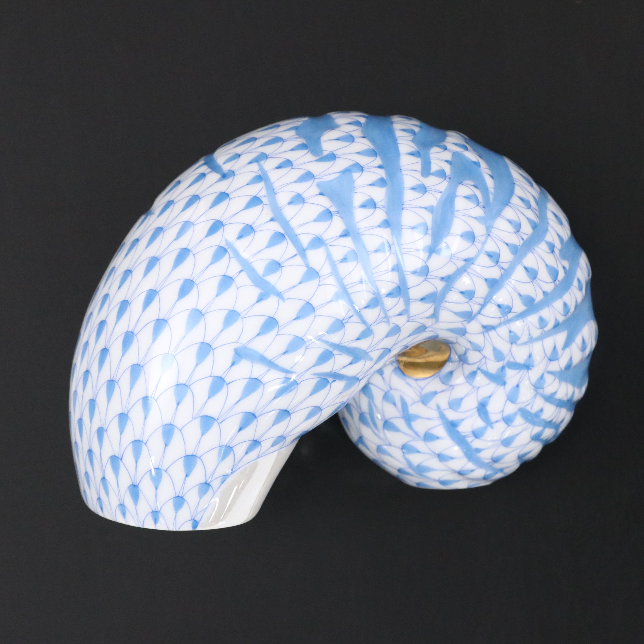 Herend Blue Fishnet with Gold "Nautilus Shell" Porcelain Figurine