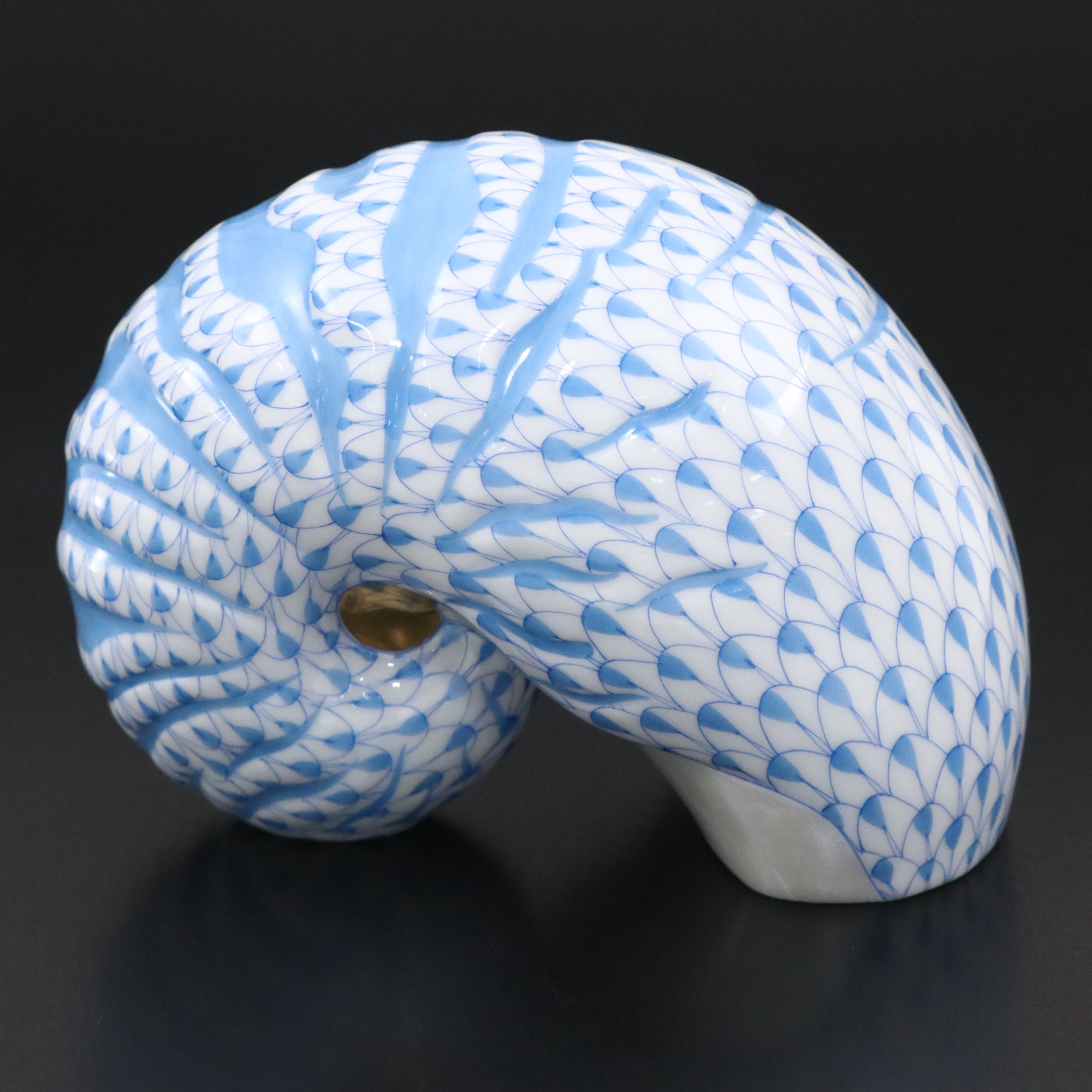 Herend Blue Fishnet with Gold "Nautilus Shell" Porcelain Figurine