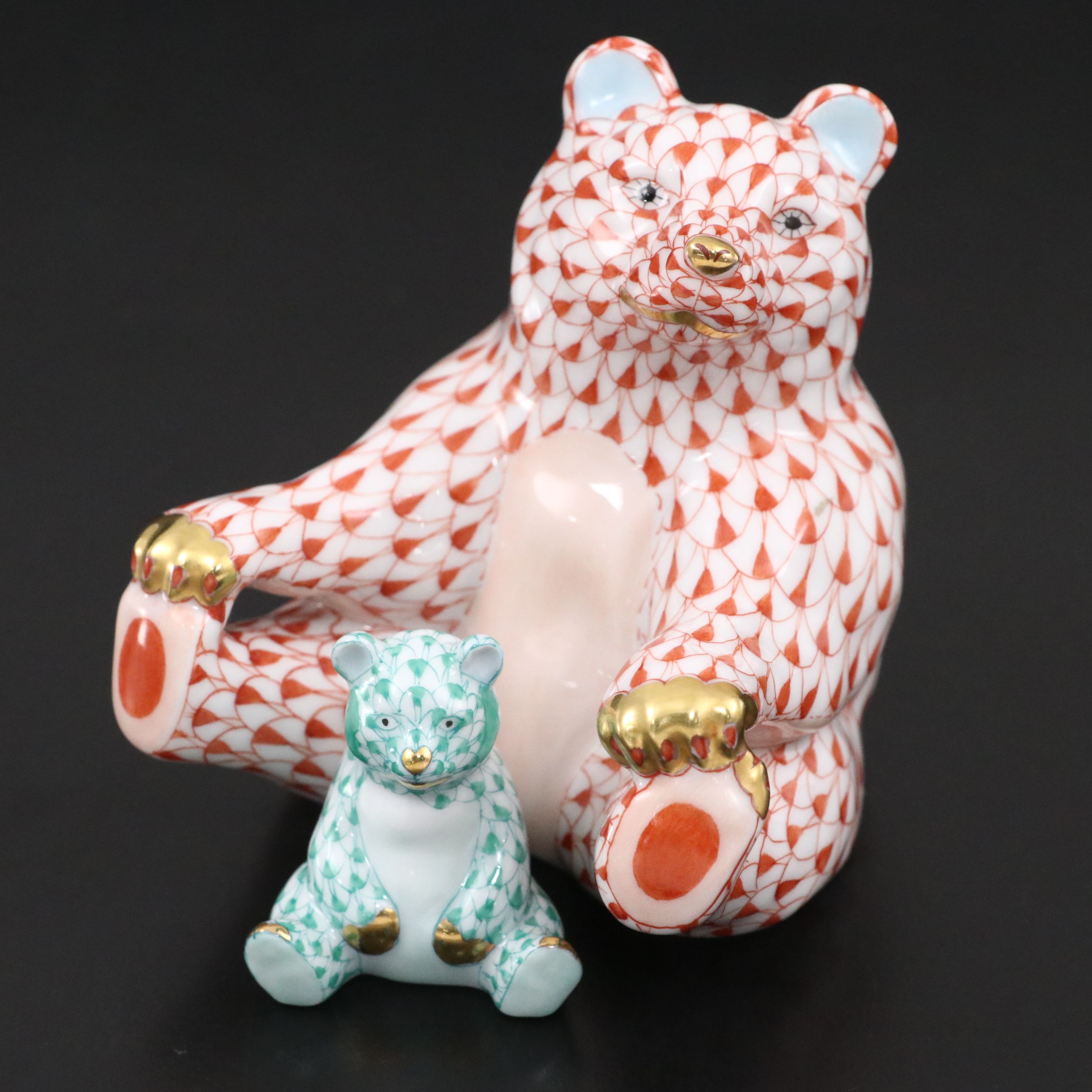 Herend Rust Fishnet with Gold "Bear Playing Footsie" and Other Porcelain Bear