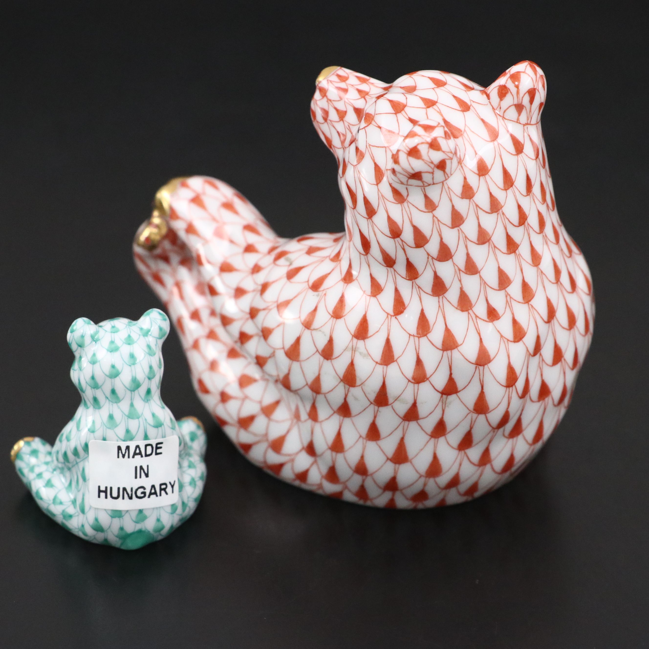 Herend Rust Fishnet with Gold "Bear Playing Footsie" and Other Porcelain Bear