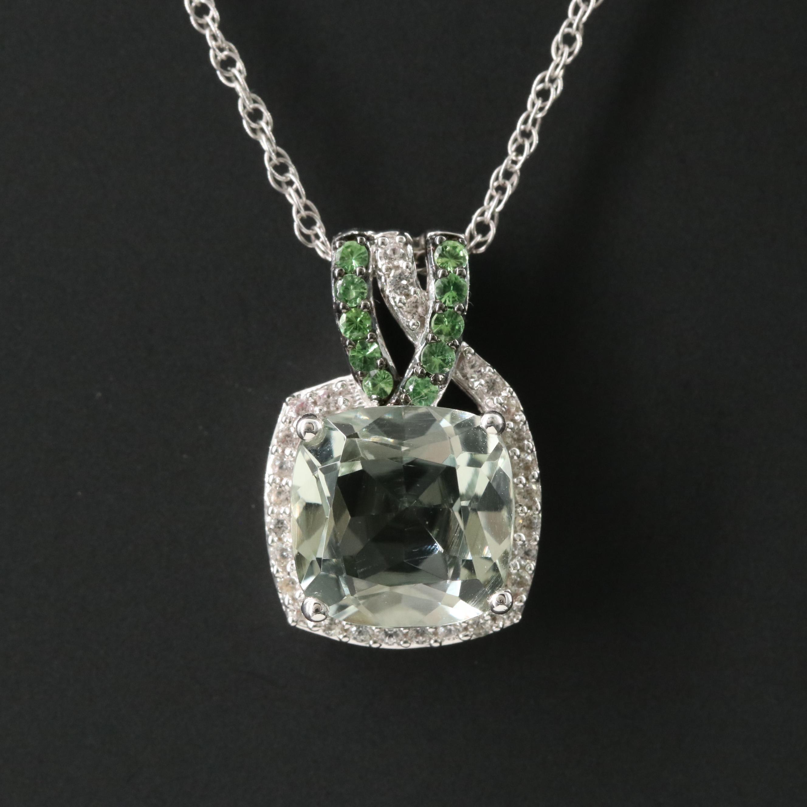 Sterling Prasiolite, White Sapphire and Tsavorite Pendant Necklace