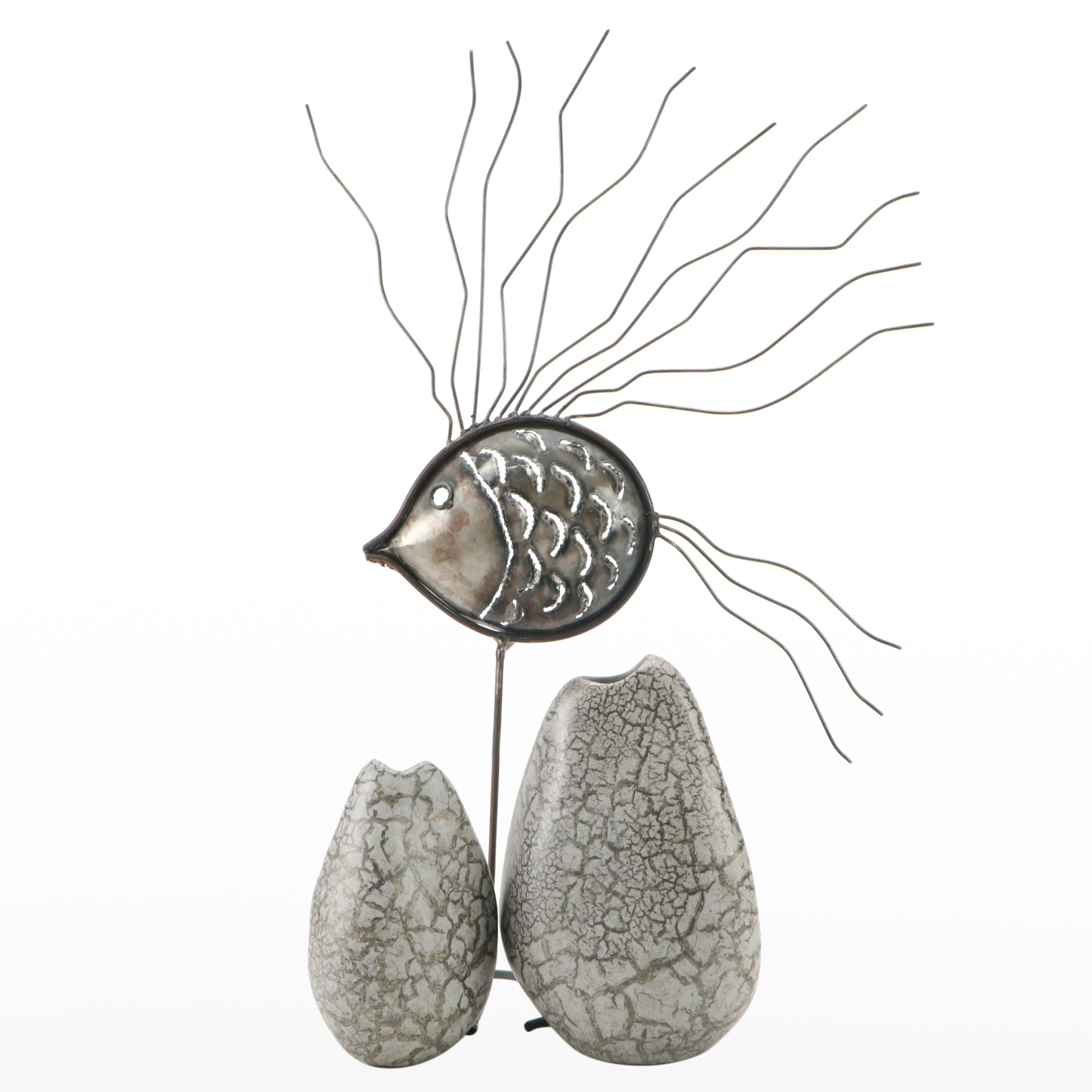 Contemporary Metal Fish Pillar Candle Holder with Crackle Painted Ceramic Vases