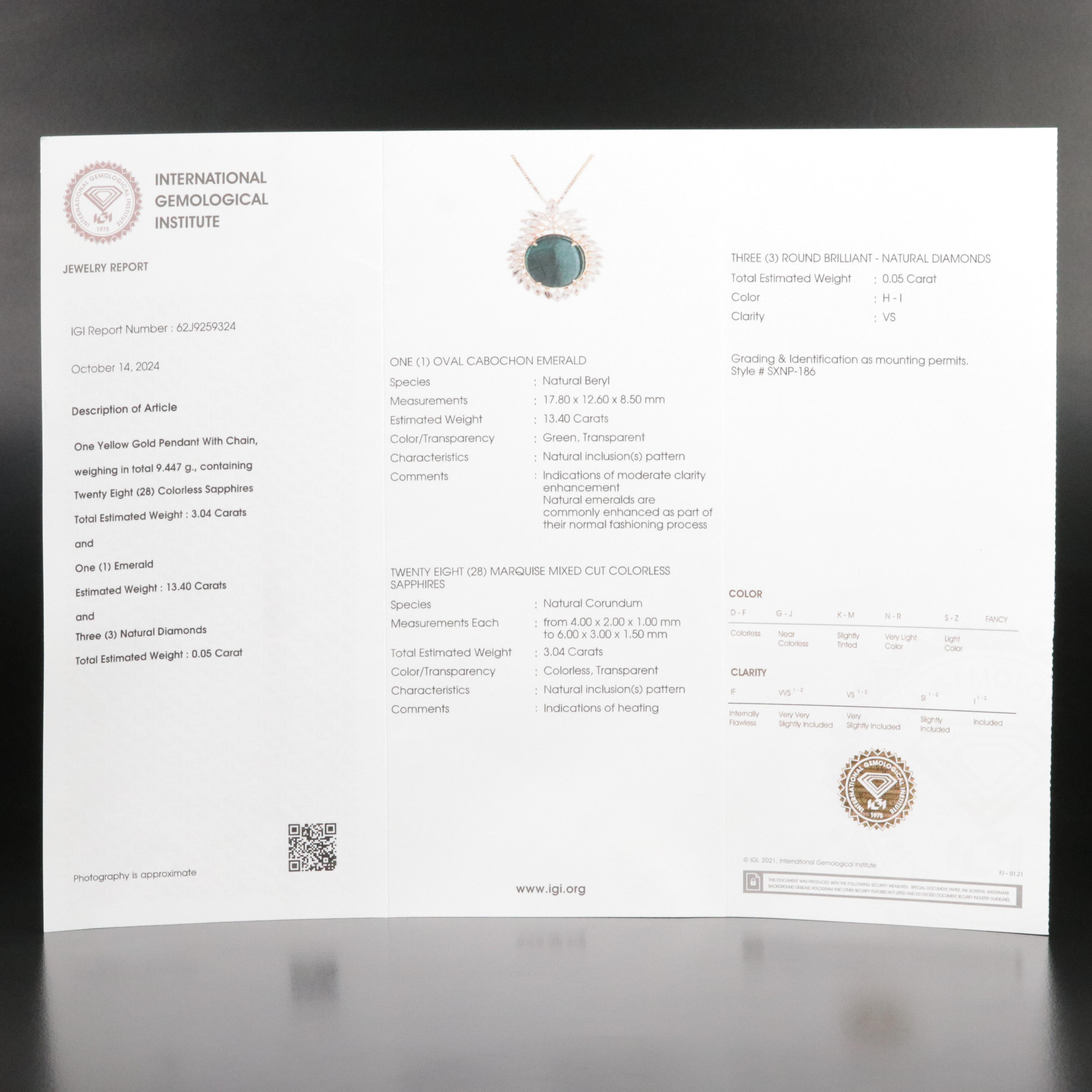 14K 13.40 CT Emerald, Diamond and White Sapphire Necklace with IGI Report